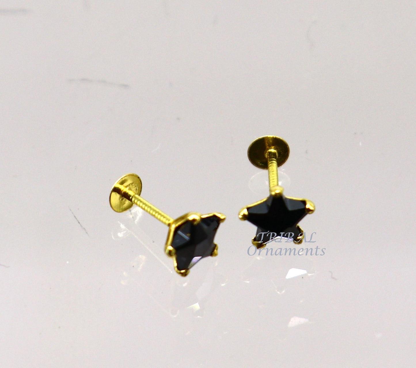 5mm 18kt yellow gold handmade single black stone back screw Star shape stud earring cartilage customized unisex jewelry er142 - TRIBAL ORNAMENTS