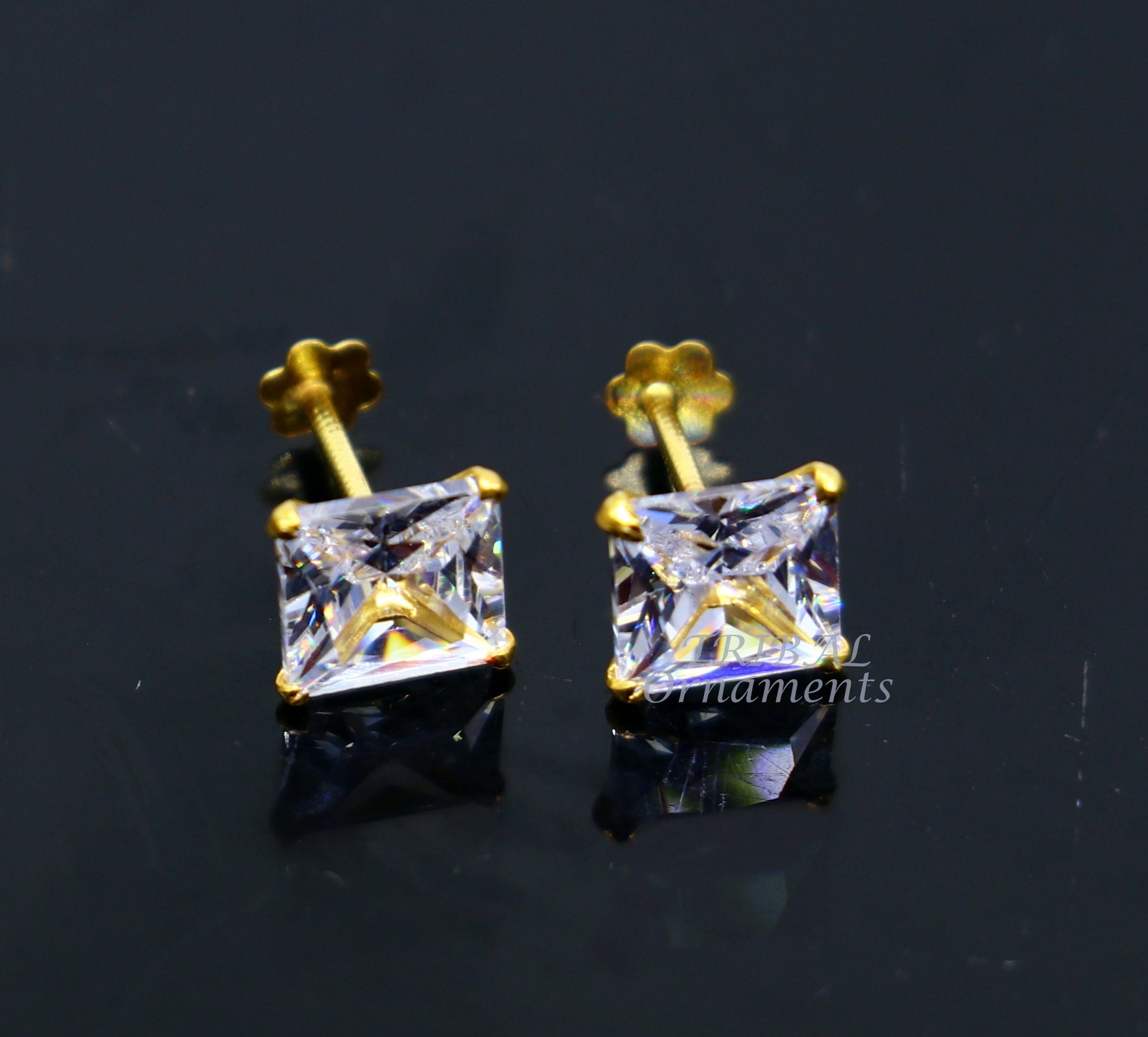 6mm OR 5 mm 18kt yellow gold handmade single cubic zircon stone square shape stud earring cartilage customized unisex jewelry er143 - TRIBAL ORNAMENTS