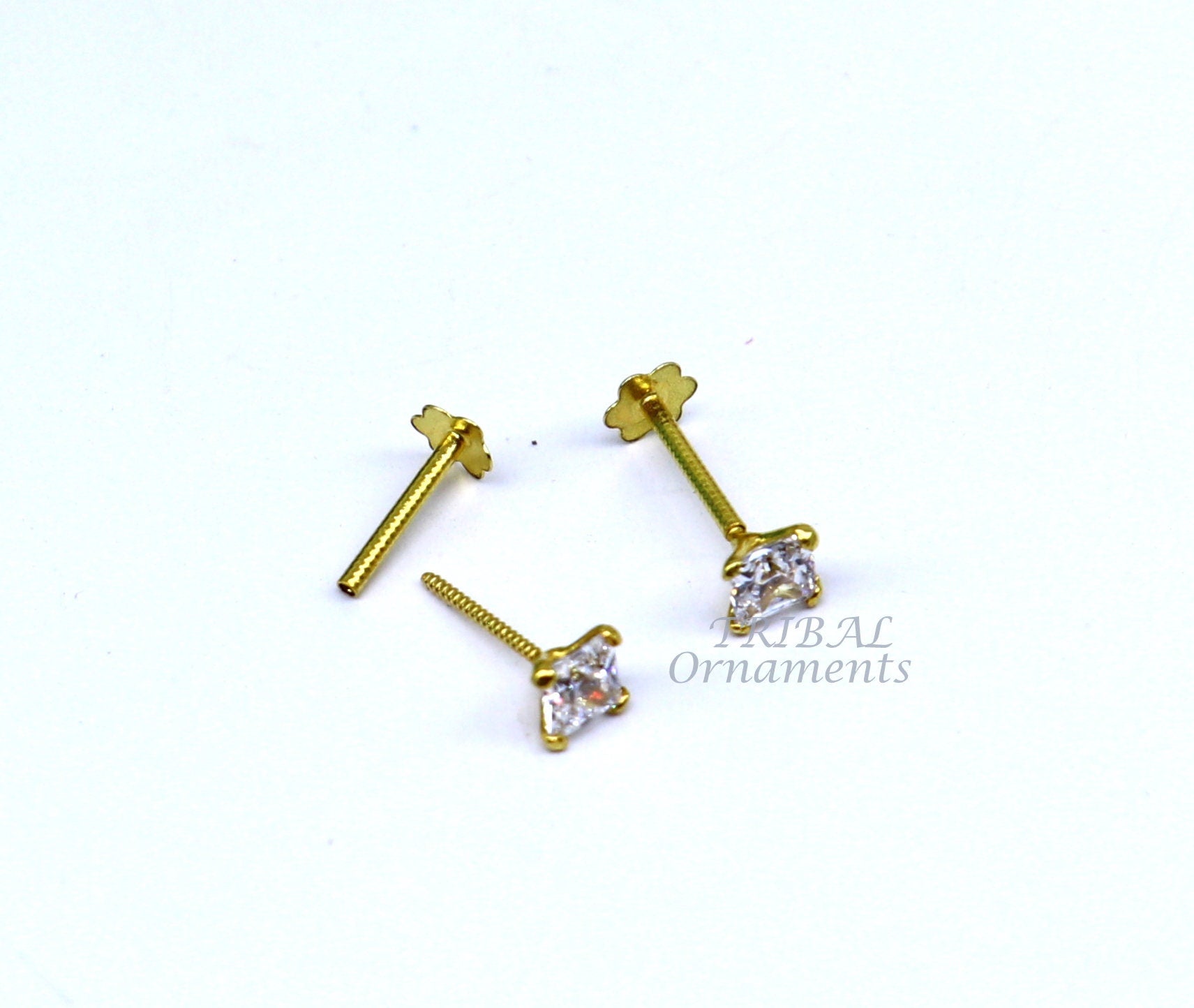 3mm 18kt yellow gold handmade single white stone back screw square shape stud earring cartilage customized unisex jewelry er144 - TRIBAL ORNAMENTS