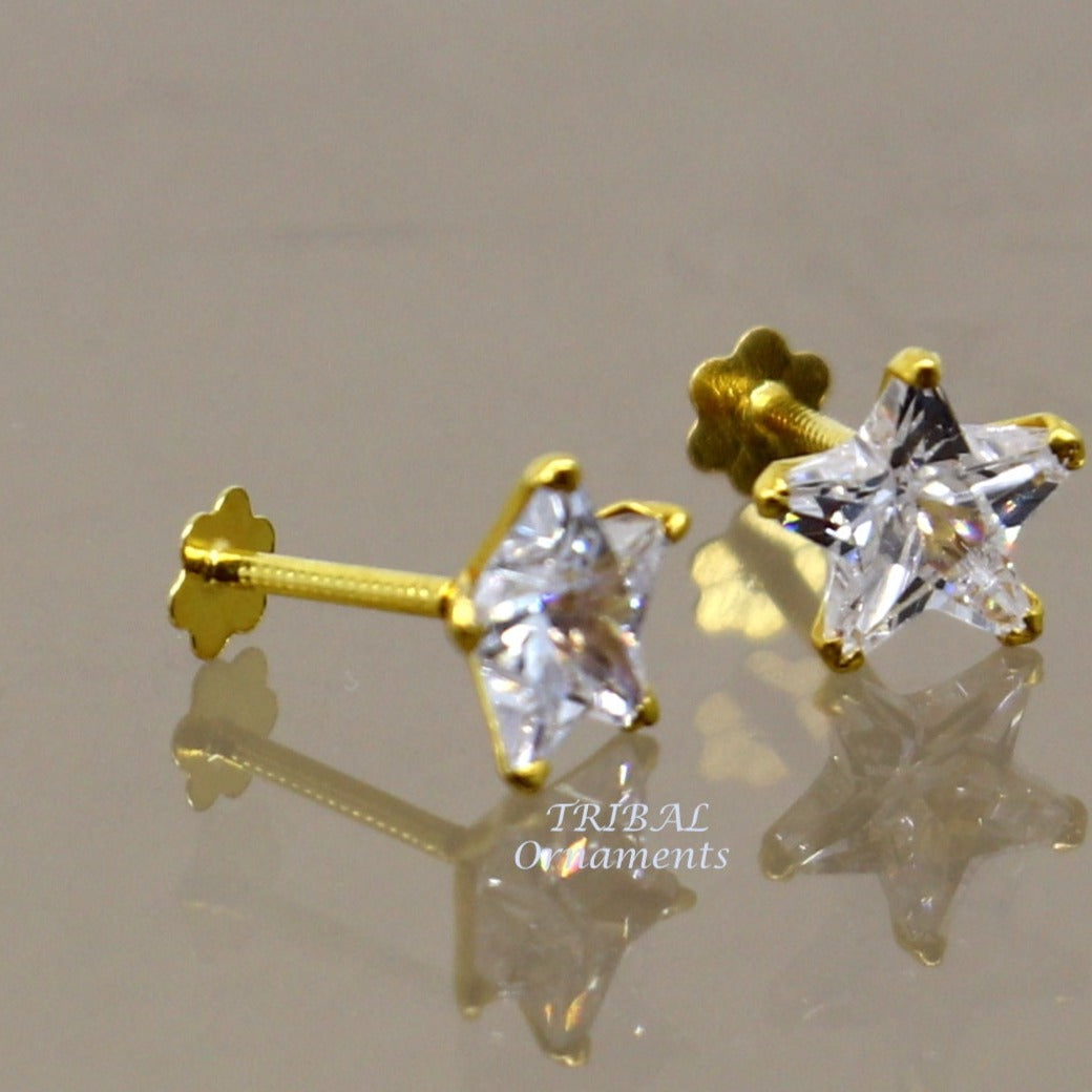 6mm 18kt yellow gold handmade single cubic zircon stone back screw star shape stud earring cartilage customized unisex jewelry er145 - TRIBAL ORNAMENTS