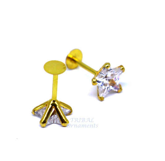 5mm 18kt yellow gold handmade single cubic zircon stone back screw star shape stud earring cartilage customized unisex jewelry er146 - TRIBAL ORNAMENTS