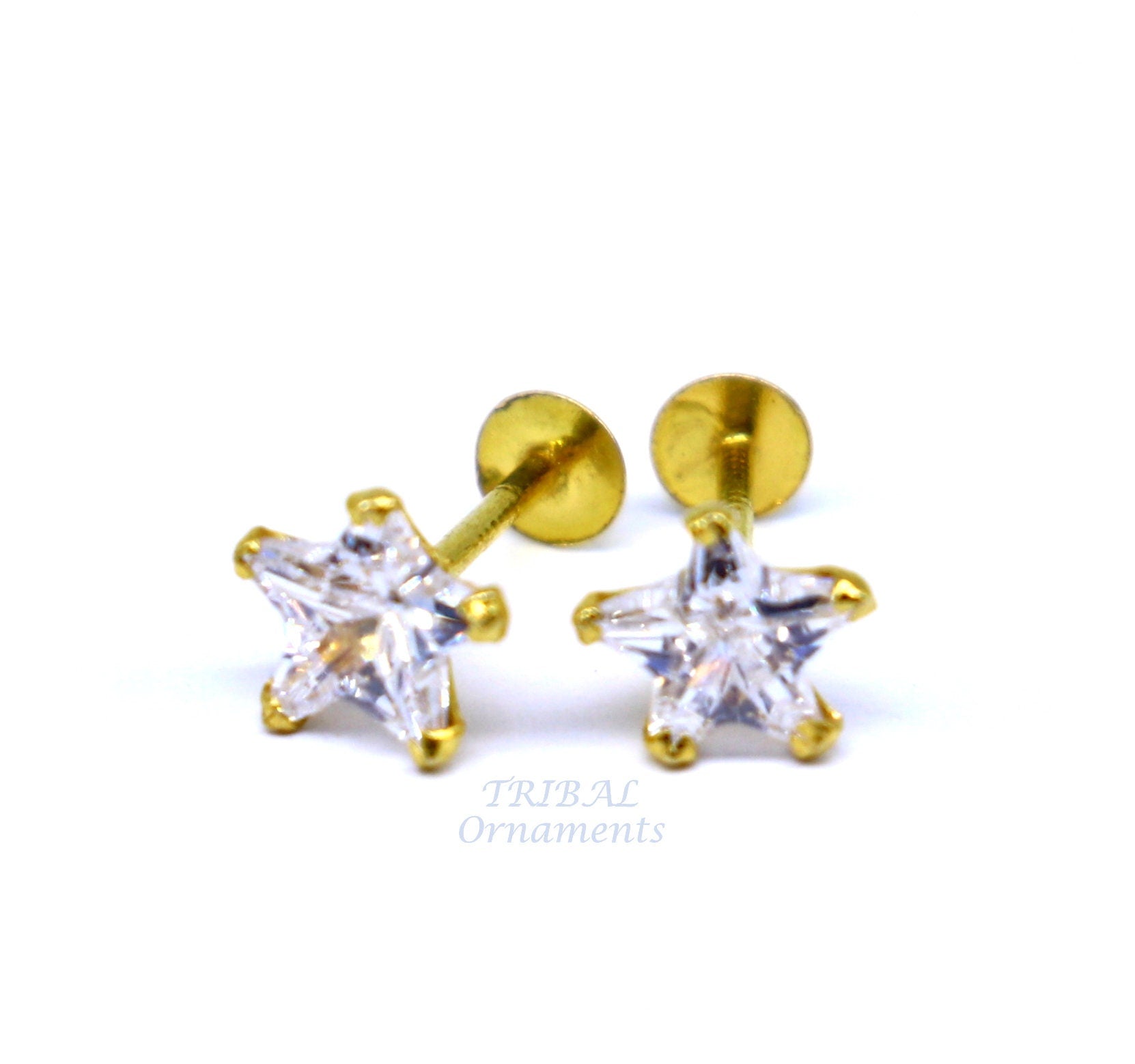 5mm 18kt yellow gold handmade single cubic zircon stone back screw star shape stud earring cartilage customized unisex jewelry er146 - TRIBAL ORNAMENTS