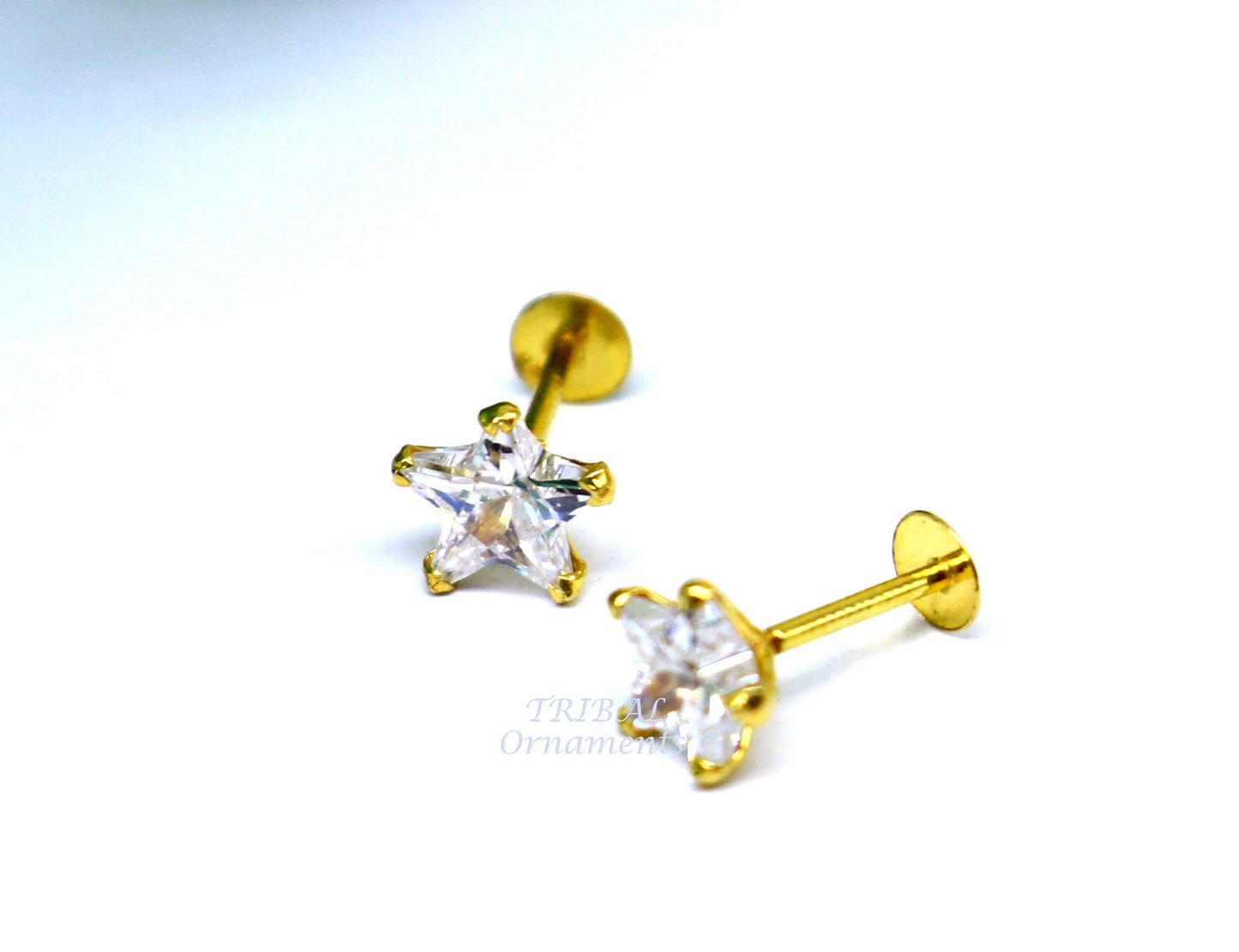 5mm 18kt yellow gold handmade single cubic zircon stone back screw star shape stud earring cartilage customized unisex jewelry er146 - TRIBAL ORNAMENTS