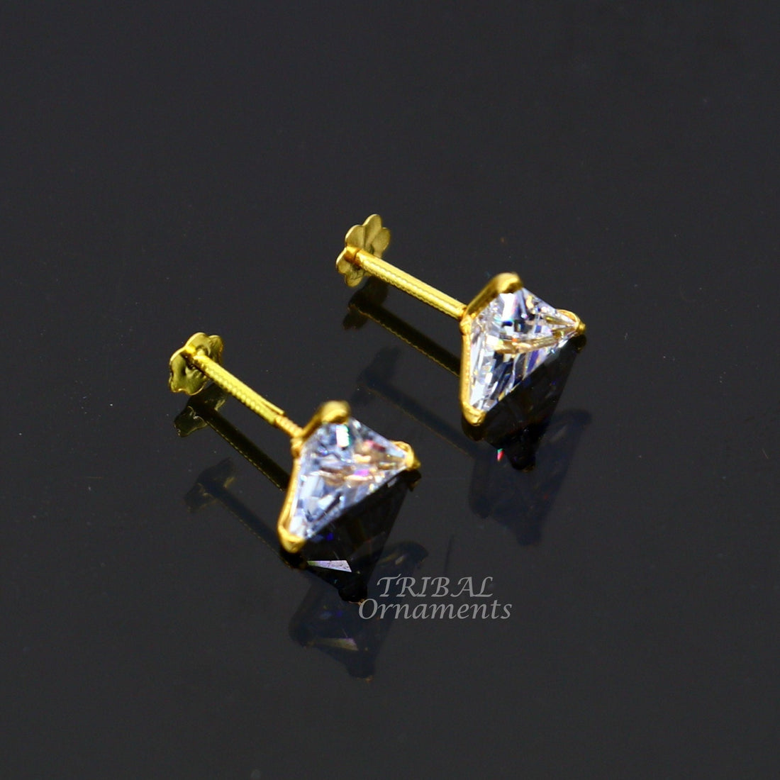 6mm 18kt yellow gold handmade single stone Triangle shape stud earring cartilage earring customized unisex screw back stud jewelry er147 - TRIBAL ORNAMENTS