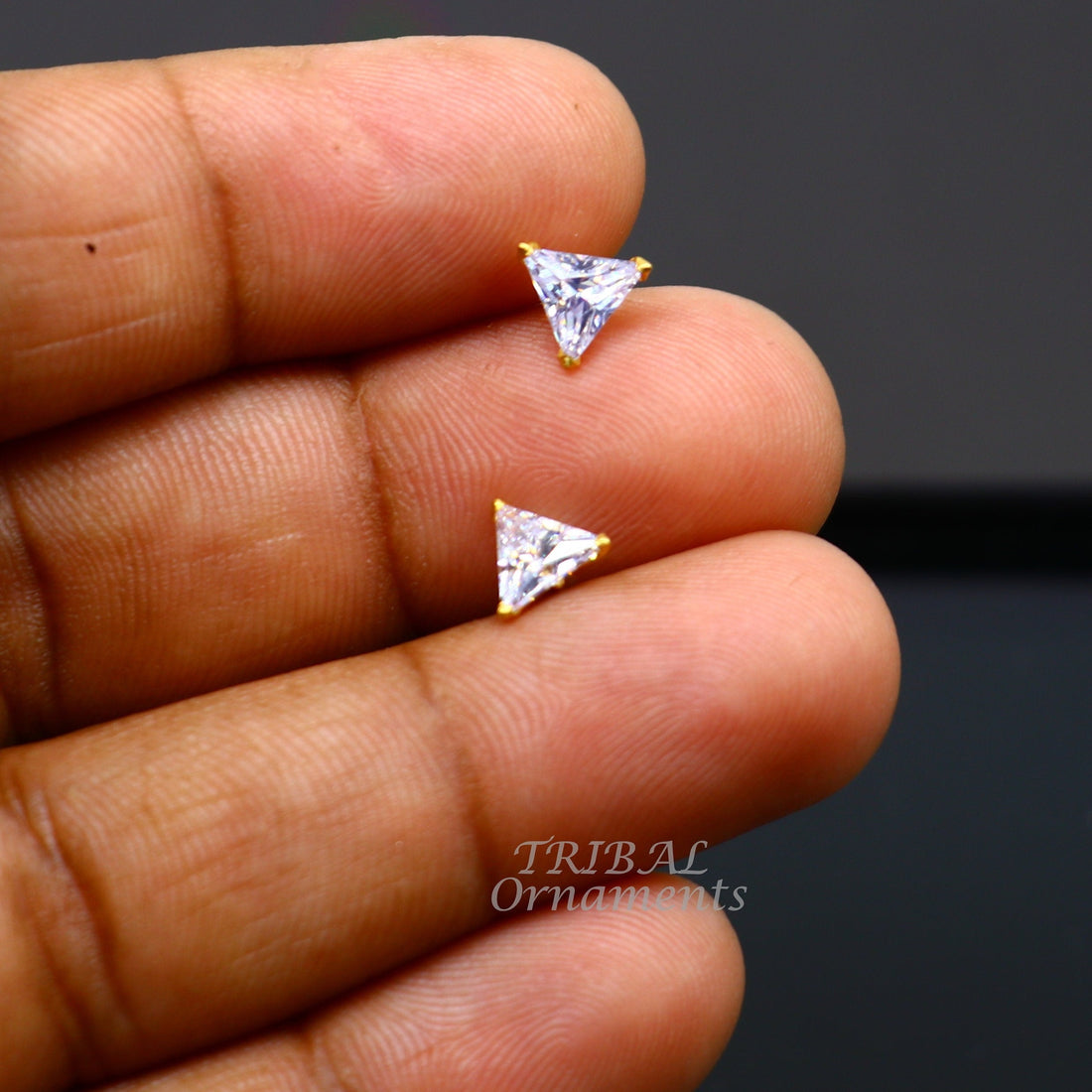 6mm 18kt yellow gold handmade single stone Triangle shape stud earring cartilage earring customized unisex screw back stud jewelry er147 - TRIBAL ORNAMENTS