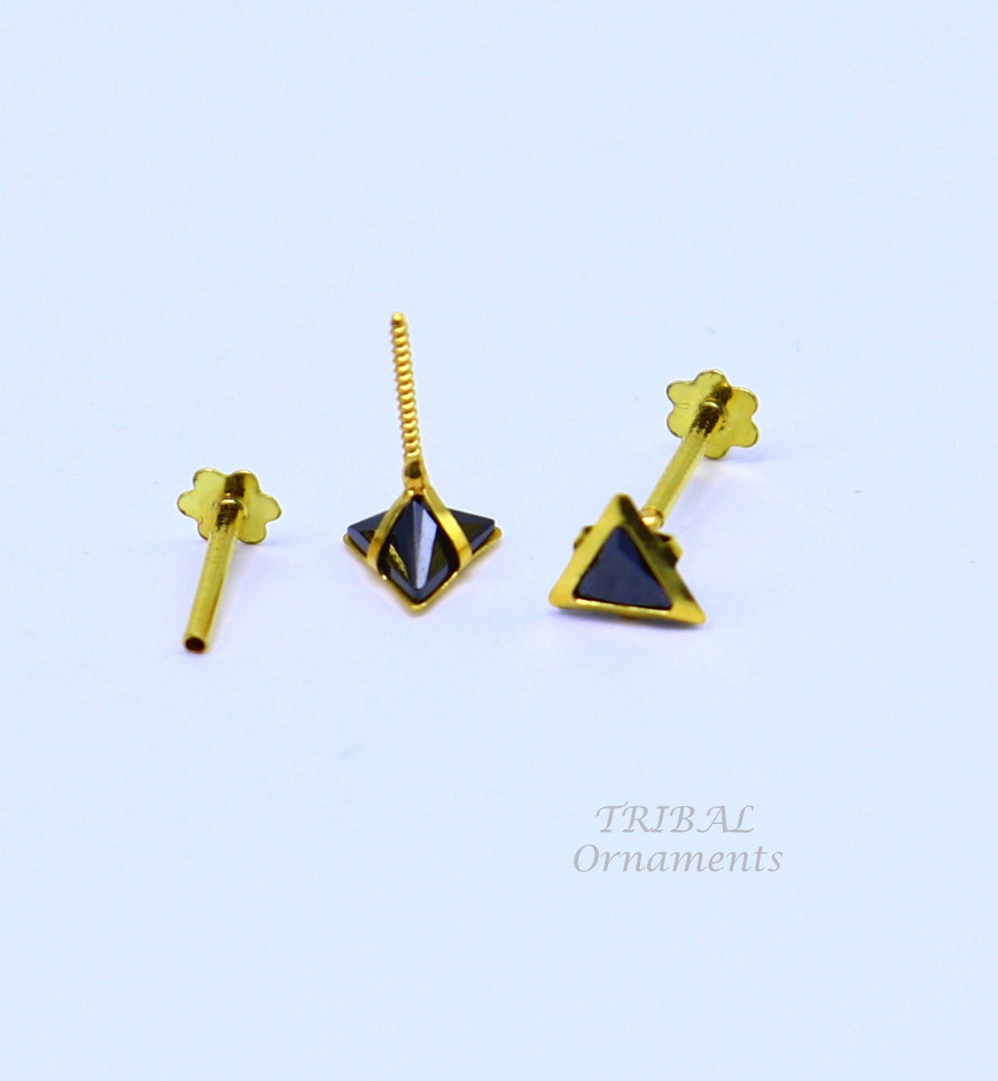 4mm 18kt yellow gold handmade single stone Triangle shape stud earring cartilage earring customized unisex screw back stud jewelry er150 - TRIBAL ORNAMENTS