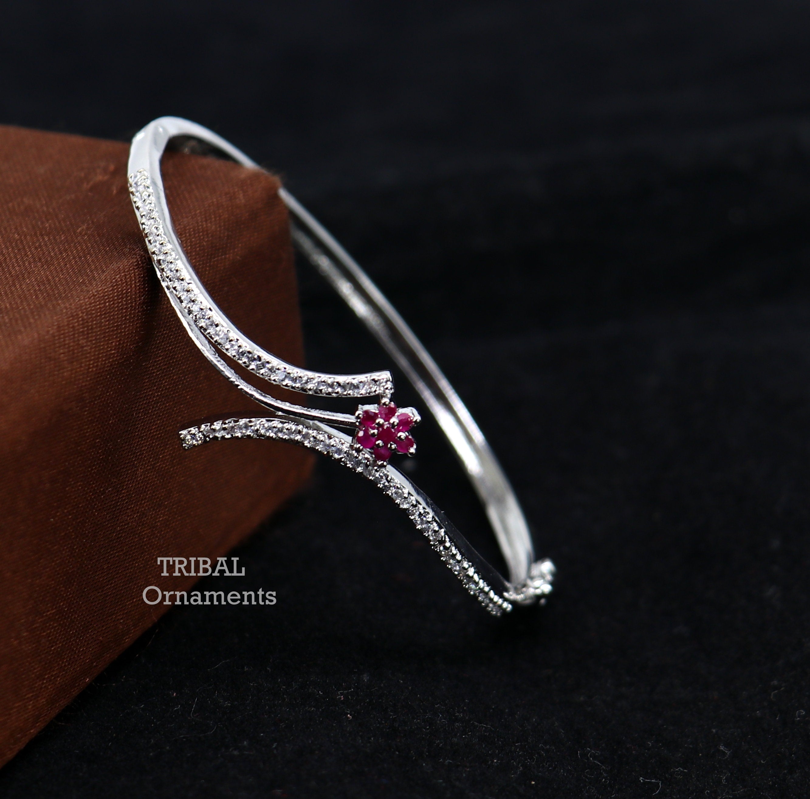 Diamond Bangle Pink Sapphire 14 Carats Women White Gold Jewelry 14K