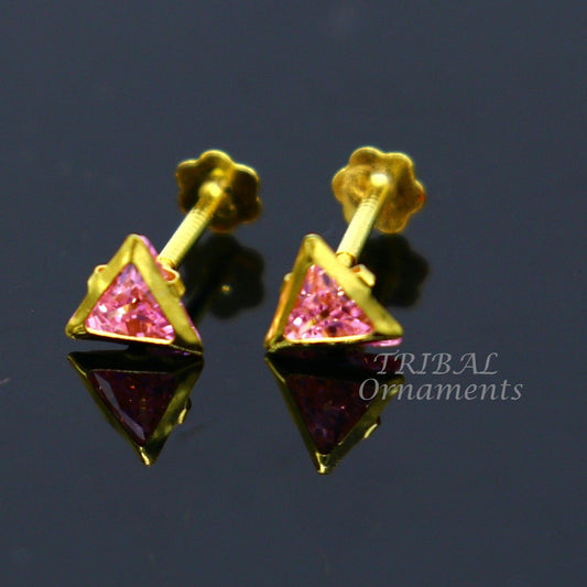 4mm 18kt yellow gold handmade single Pink stone Triangle shape stud earring cartilage earring customized unisex screw back jewelry er153 - TRIBAL ORNAMENTS