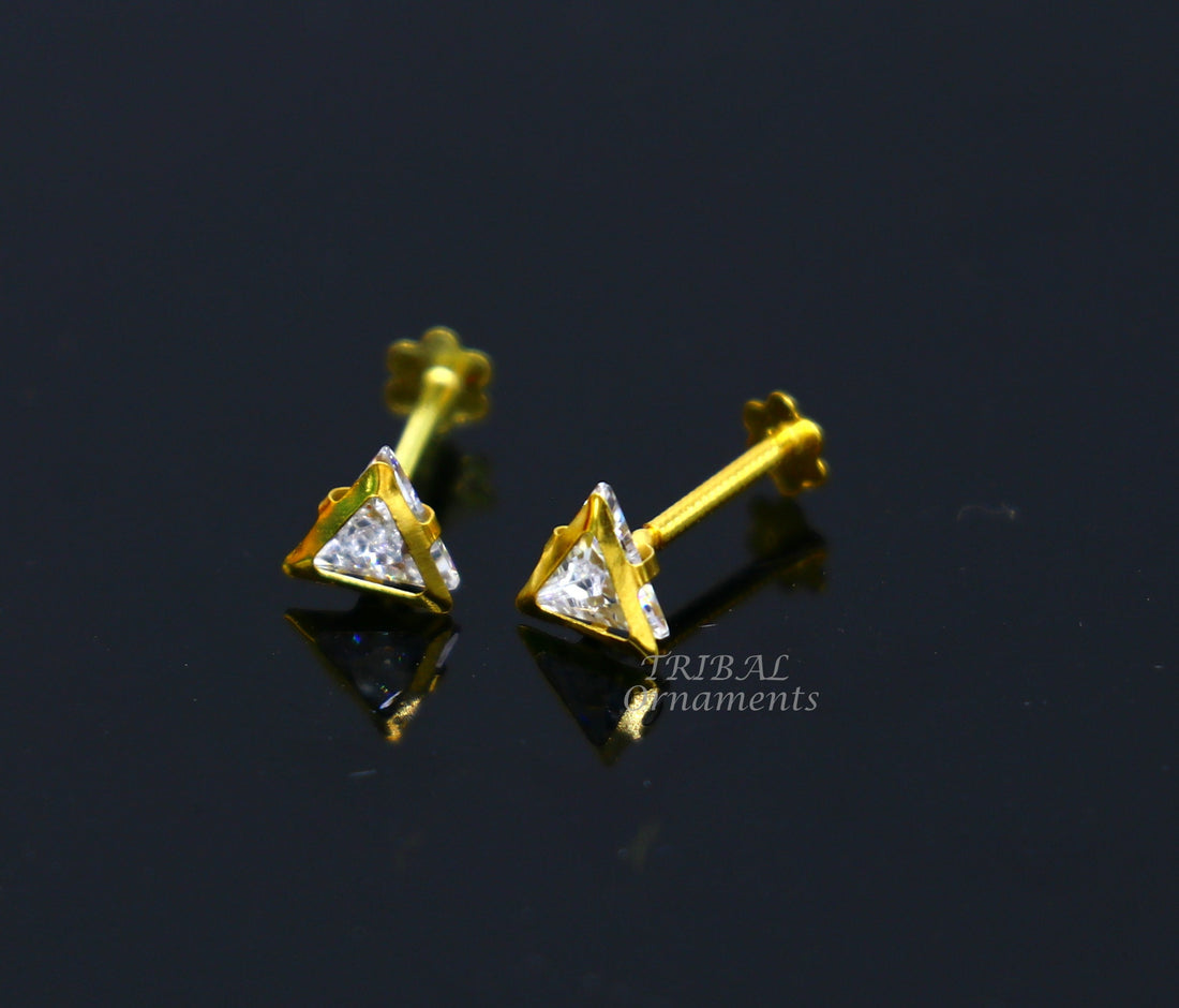 4mm 18kt yellow gold handmade single stone Triangle shape stud earring cartilage earring customized unisex screw back jewelry er154 - TRIBAL ORNAMENTS