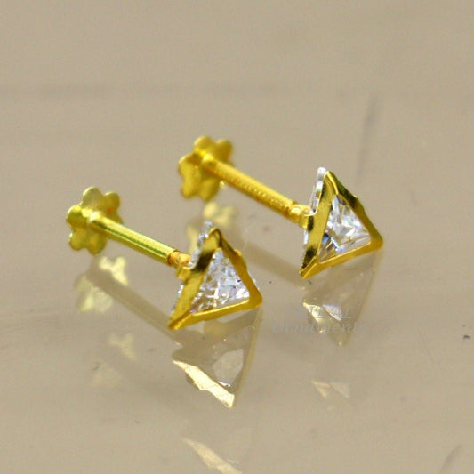 4mm 18kt yellow gold handmade single stone Triangle shape stud earring cartilage earring customized unisex screw back jewelry er154 - TRIBAL ORNAMENTS