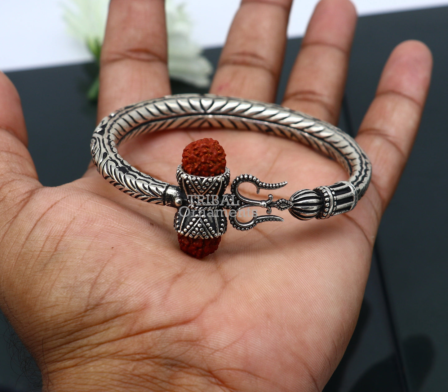 Divine Lord Shiva trident trishul trishool kada 925 Sterling silver handmade bangle bracelet with natural Rudraksha magical  kada nsk492 - TRIBAL ORNAMENTS