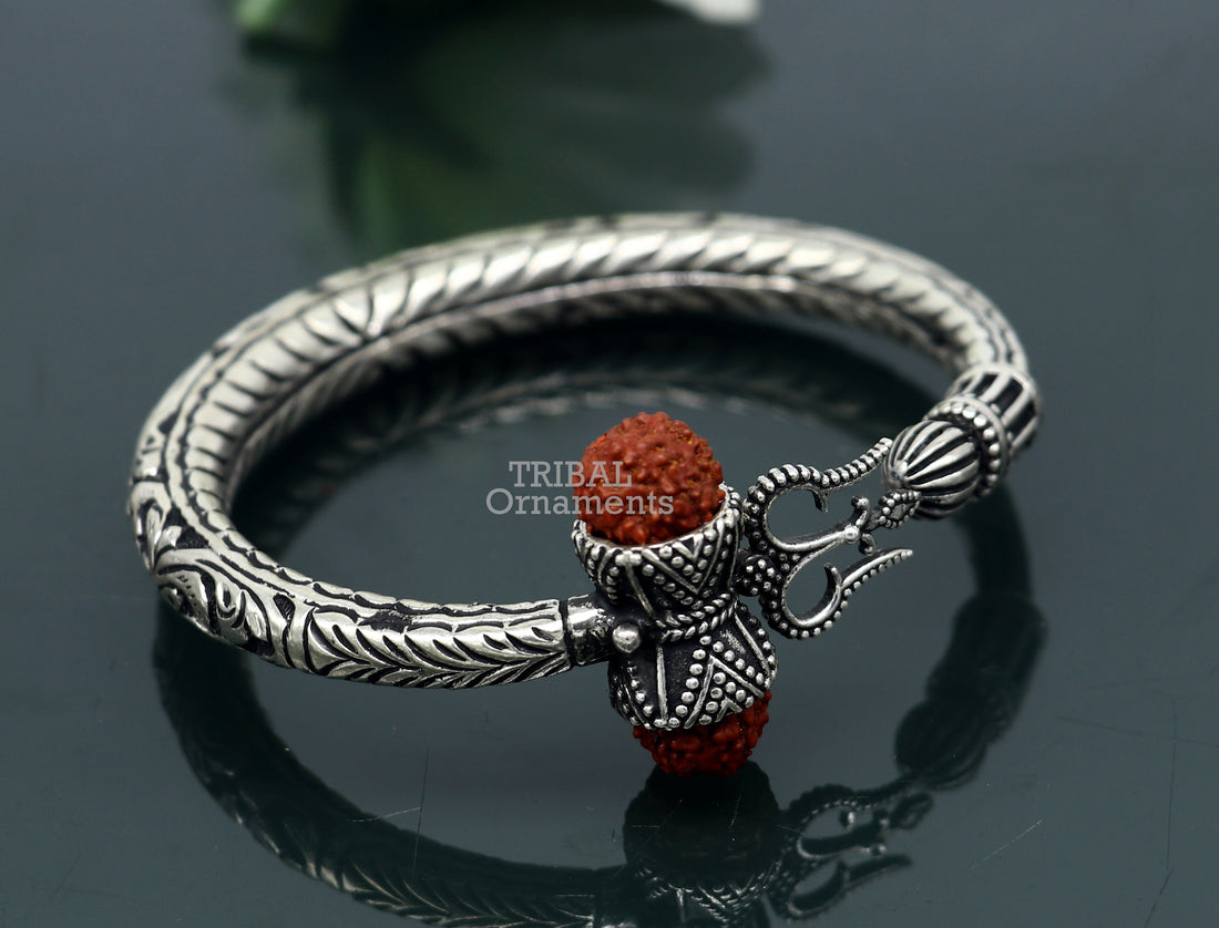 Divine Lord Shiva trident trishul trishool kada 925 Sterling silver handmade bangle bracelet with natural Rudraksha magical  kada nsk492 - TRIBAL ORNAMENTS