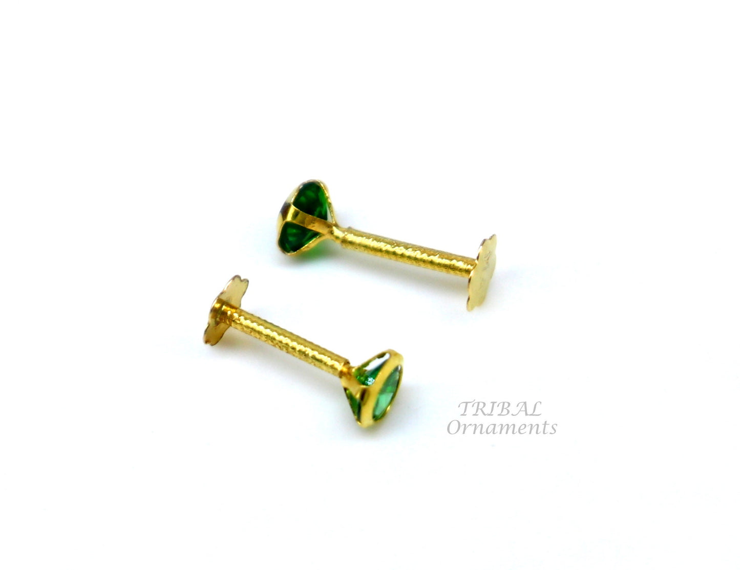 3mm 18k yellow gold handmade fabulous green cubic zircon stone excellent antique vintage design stud earrings pair unisex jewelry er156 - TRIBAL ORNAMENTS