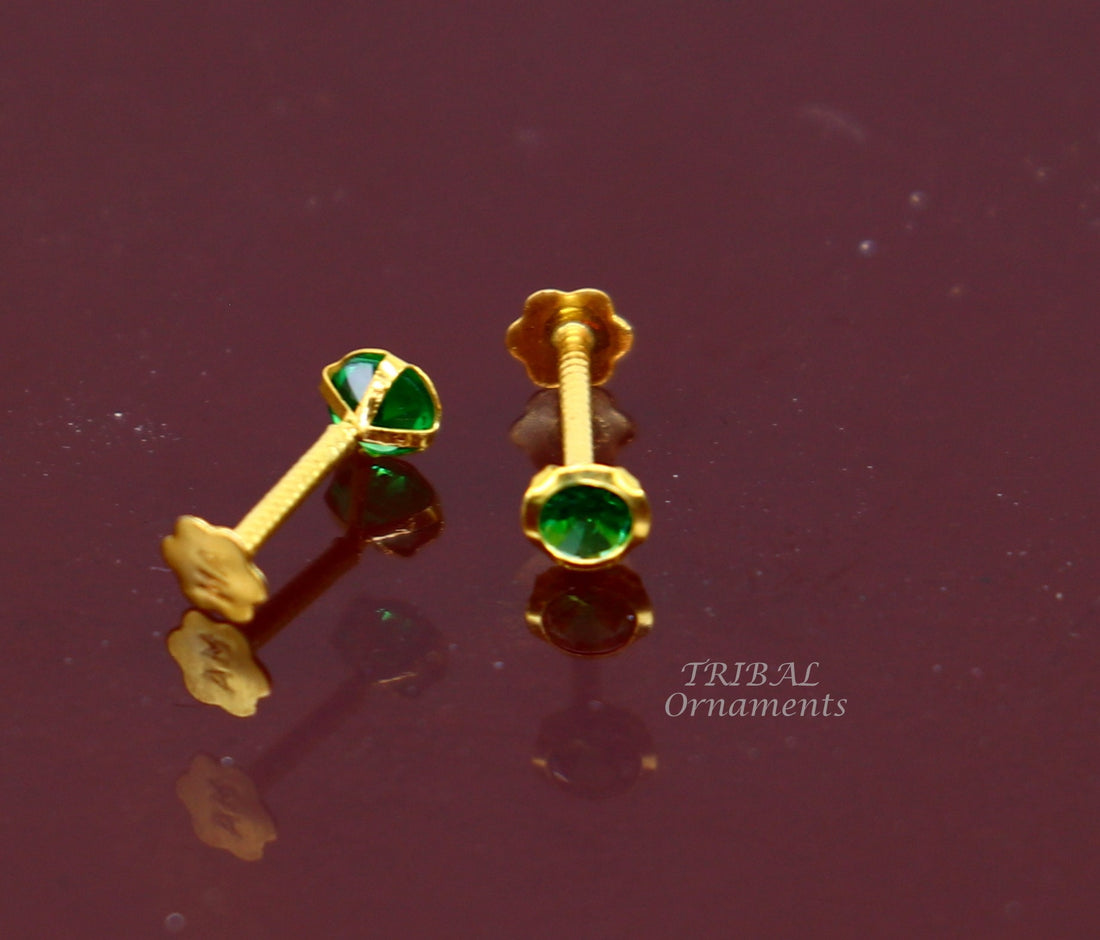 3mm 18k yellow gold handmade fabulous green cubic zircon stone excellent antique vintage design stud earrings pair unisex jewelry er156 - TRIBAL ORNAMENTS