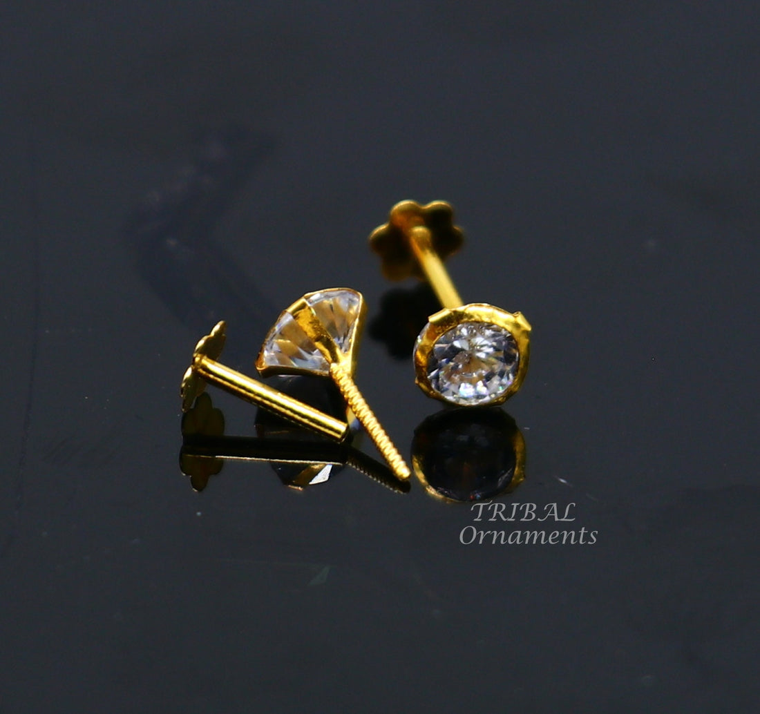 4mm 18k yellow gold handmade fabulous cubic zircon stone excellent antique vintage design stud earrings pair unisex jewelry er157 - TRIBAL ORNAMENTS