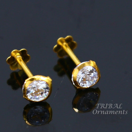 4mm 18k yellow gold handmade fabulous cubic zircon stone excellent antique vintage design stud earrings pair unisex jewelry er157 - TRIBAL ORNAMENTS