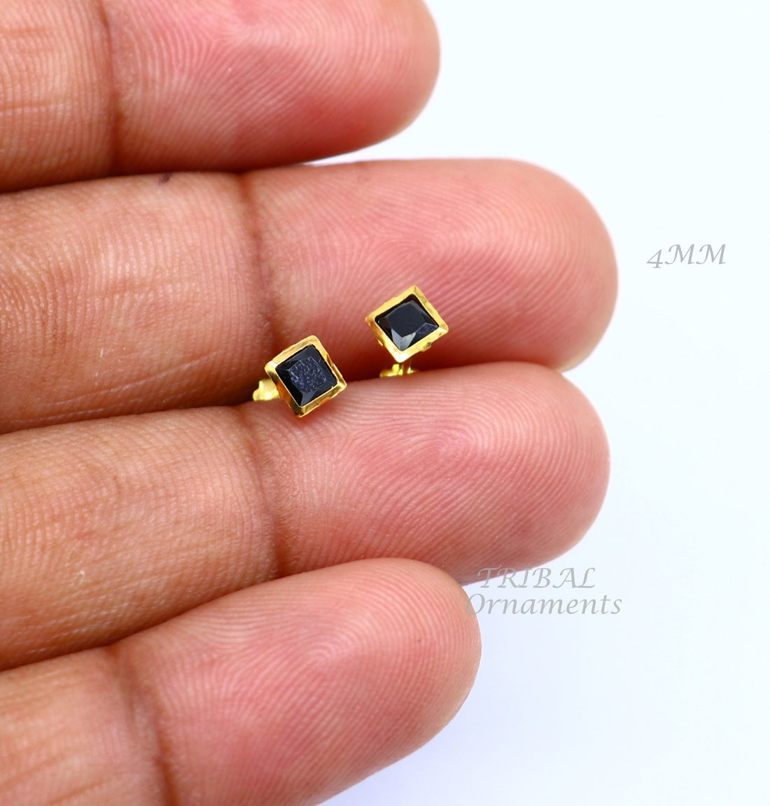 3MM/3.5MM/4MM 18kt yellow gold handmade black stone stud earring, excellent light weight daily use customized gifting unisex jewelry er158 - TRIBAL ORNAMENTS