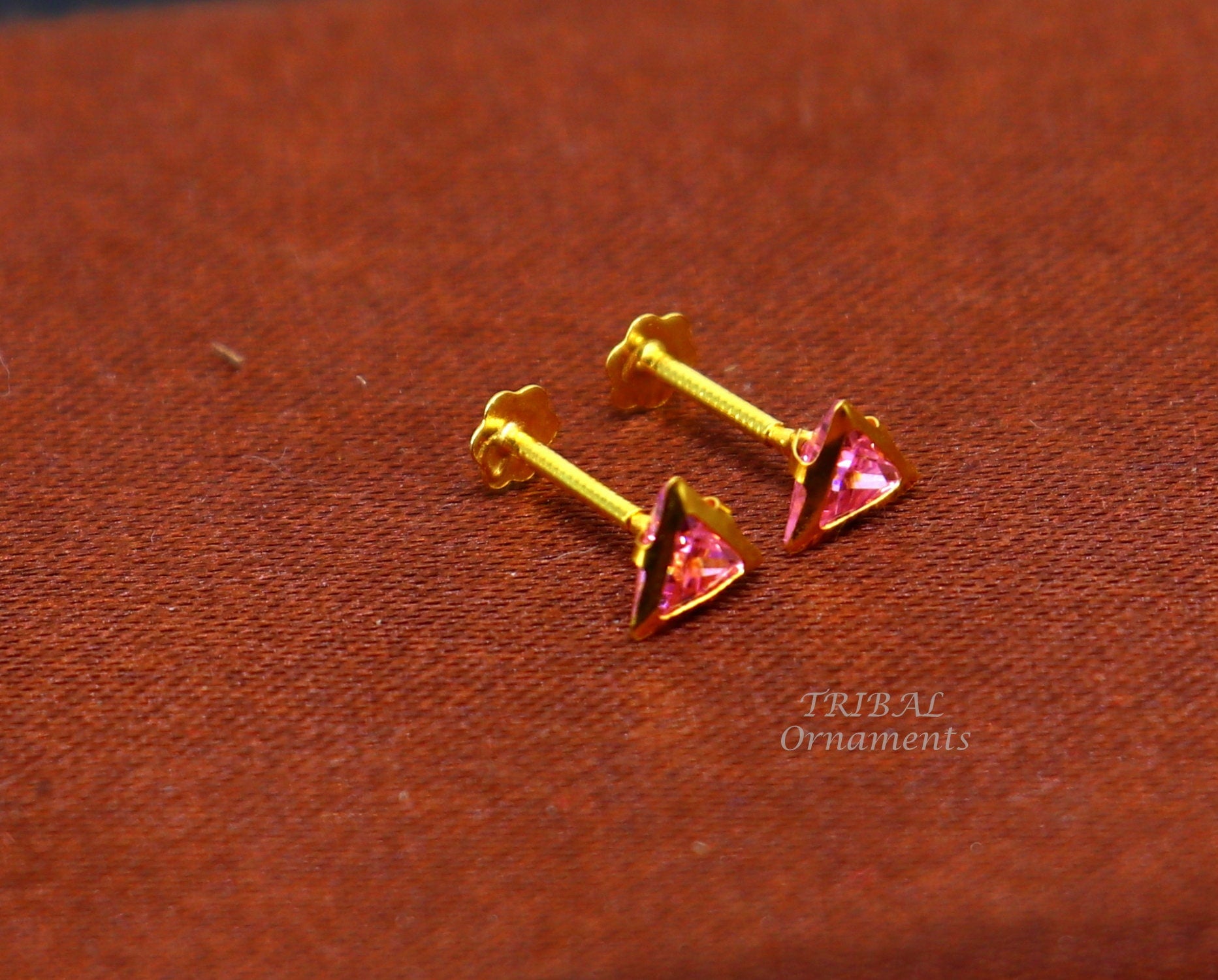 4mm tiny single pink stone handmade 18kt yellow gold combo jewelry we can use as stud or nose stud , baby stud cartilage jewelry er159 - TRIBAL ORNAMENTS