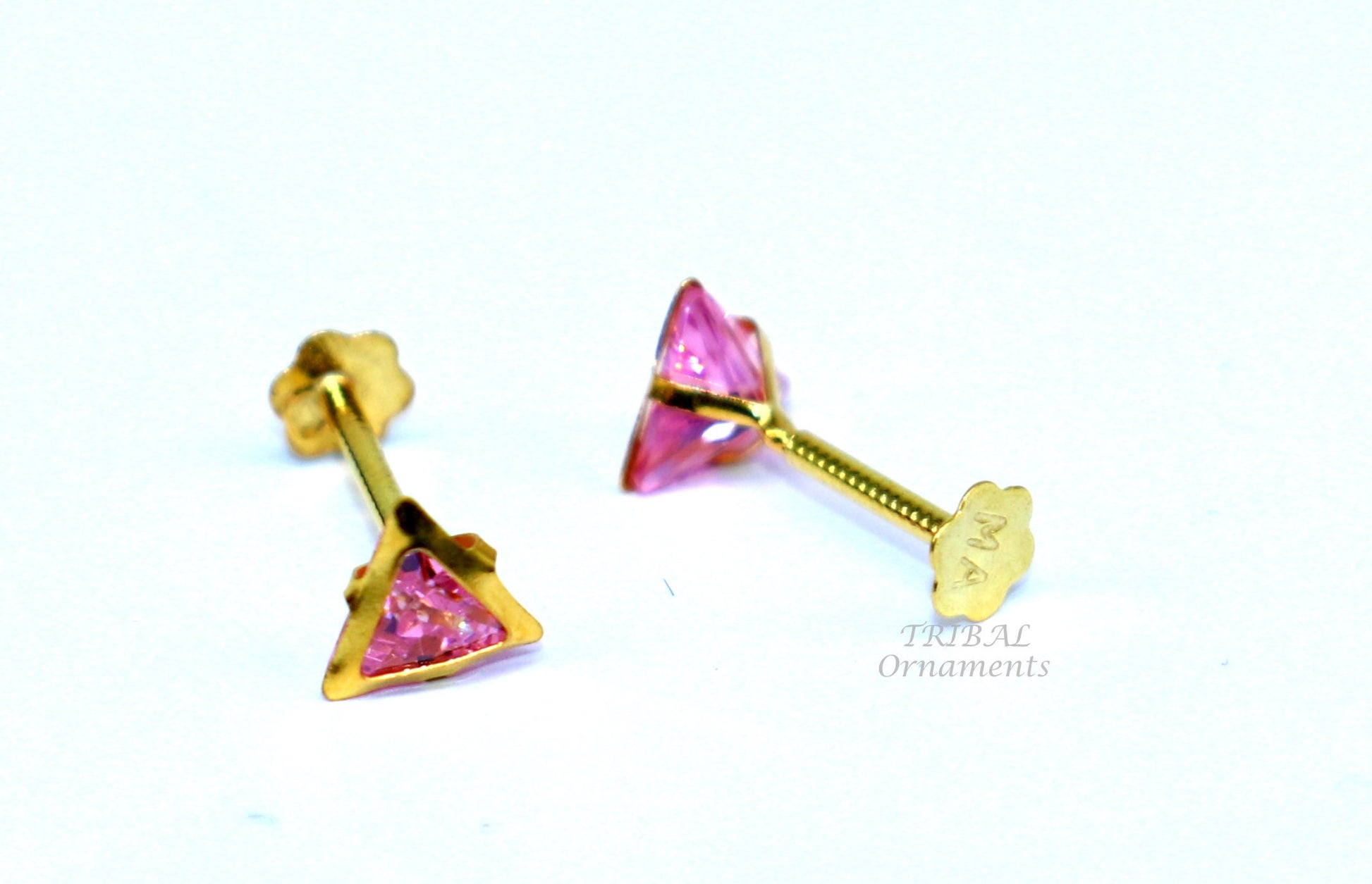 4mm tiny single pink stone handmade 18kt yellow gold combo jewelry we can use as stud or nose stud , baby stud cartilage jewelry er159 - TRIBAL ORNAMENTS