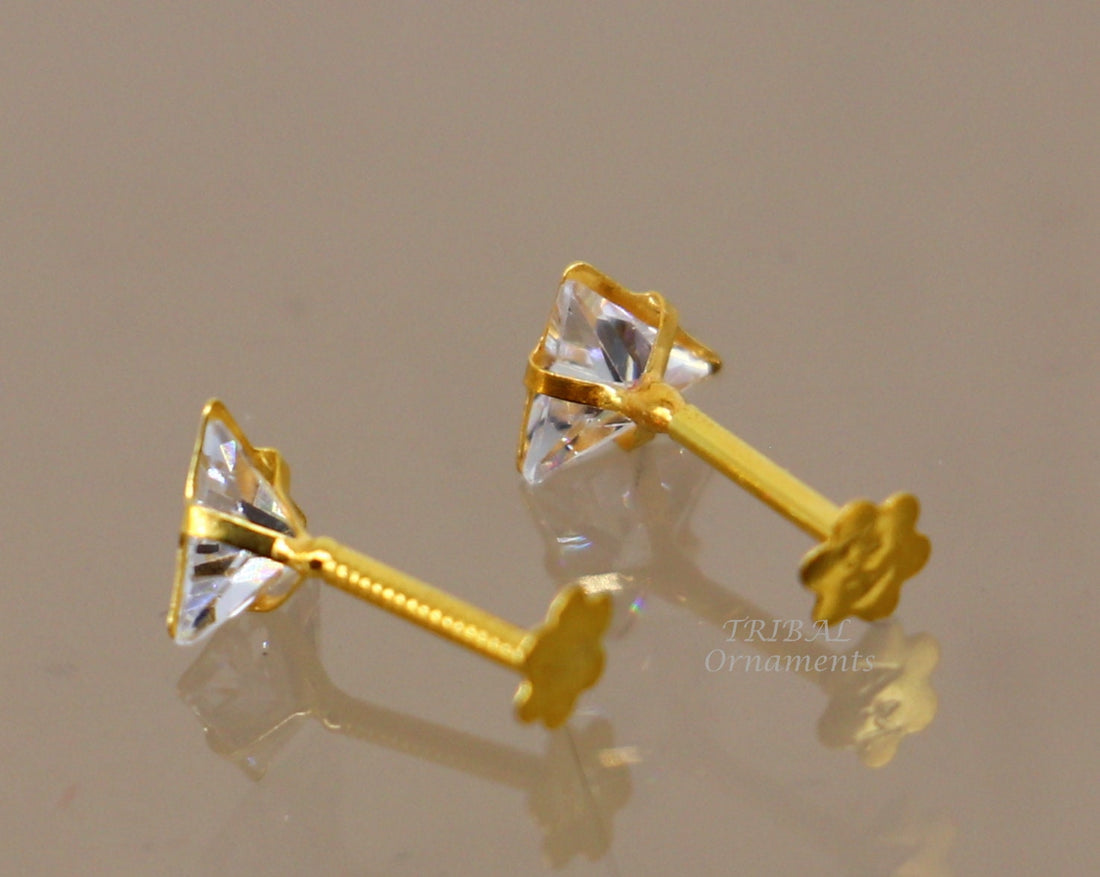 4mm tiny single pink stone handmade 18kt yellow gold combo jewelry we can use as stud or nose stud , baby stud cartilage jewelry er160 - TRIBAL ORNAMENTS