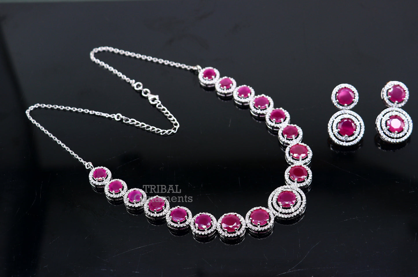 925 sterling silver handmade gorgeous pink cubic zircon stone work necklace, wedding brides charm customized jewelry set449 - TRIBAL ORNAMENTS