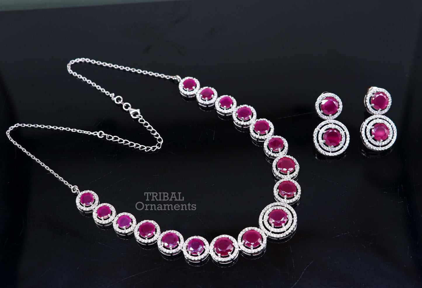 925 sterling silver handmade gorgeous pink cubic zircon stone work necklace, wedding brides charm customized jewelry set449 - TRIBAL ORNAMENTS