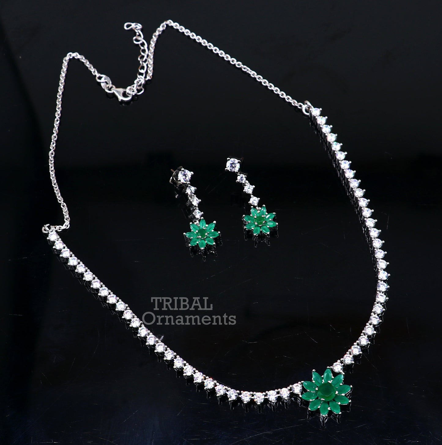 925 sterling silver handmade gorgeous green stone cubic zircon stone work necklace, wedding brides charm customized jewelry set450 - TRIBAL ORNAMENTS