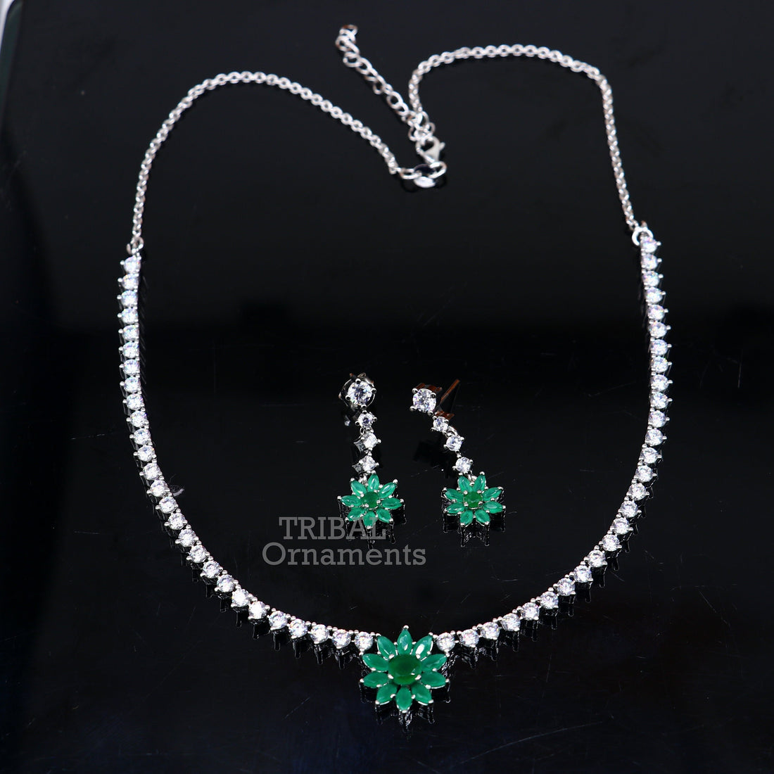 925 sterling silver handmade gorgeous green stone cubic zircon stone work necklace, wedding brides charm customized jewelry set450 - TRIBAL ORNAMENTS