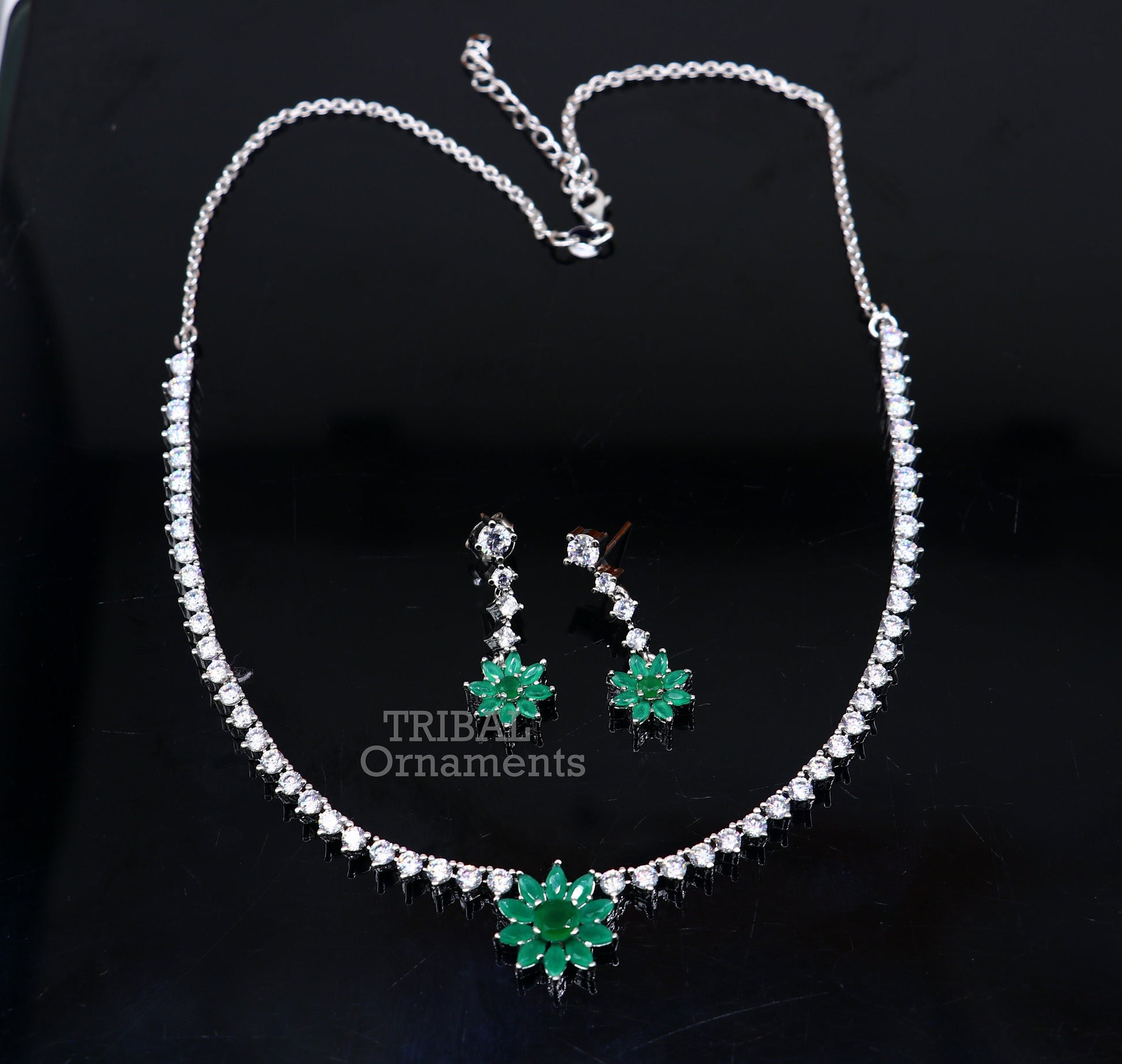 925 sterling silver handmade gorgeous green stone cubic zircon stone work necklace, wedding brides charm customized jewelry set450 - TRIBAL ORNAMENTS