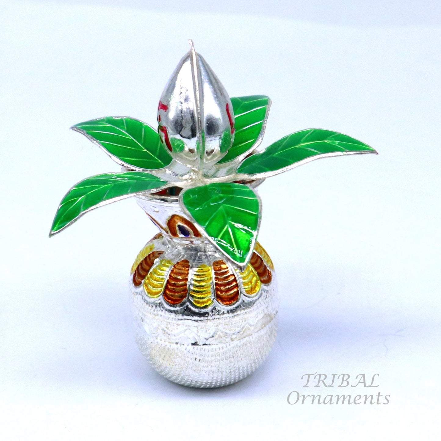 Gorgeous Sterling silver handmade vintage design puja kalash with silver coconuts and leaf, excellent home temple article worshipping su819 - TRIBAL ORNAMENTS