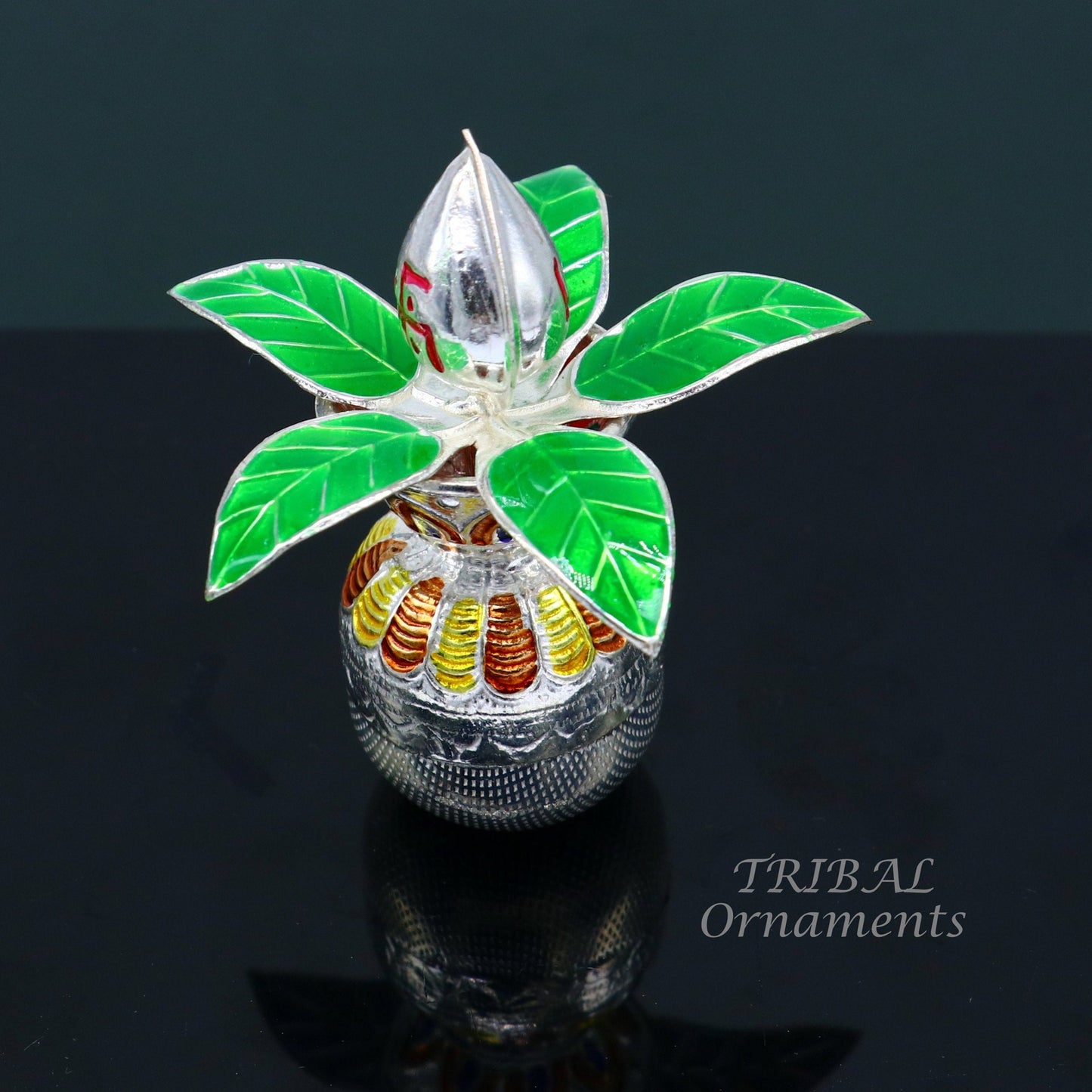 Gorgeous Sterling silver handmade vintage design puja kalash with silver coconuts and leaf, excellent home temple article worshipping su819 - TRIBAL ORNAMENTS