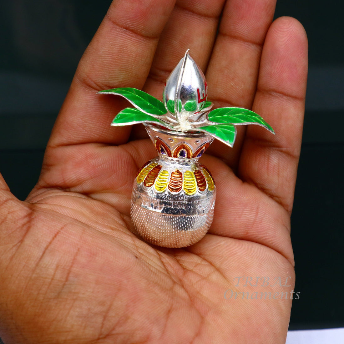 Gorgeous Sterling silver handmade vintage design puja kalash with silver coconuts and leaf, excellent home temple article worshipping su819 - TRIBAL ORNAMENTS