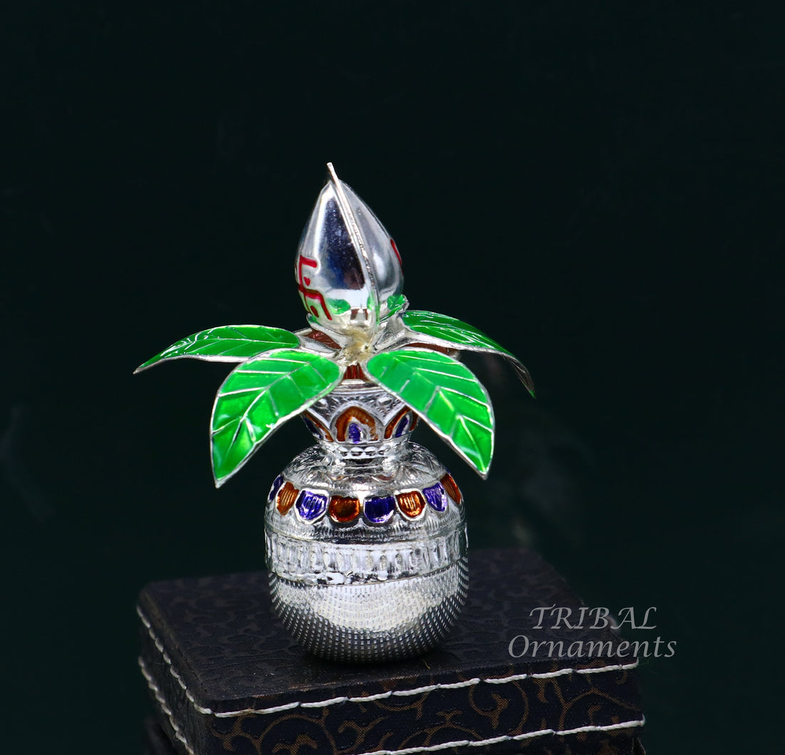 Gorgeous Sterling silver handmade vintage design puja kalash with silver coconuts and leaf, excellent home temple article worshipping su820 - TRIBAL ORNAMENTS