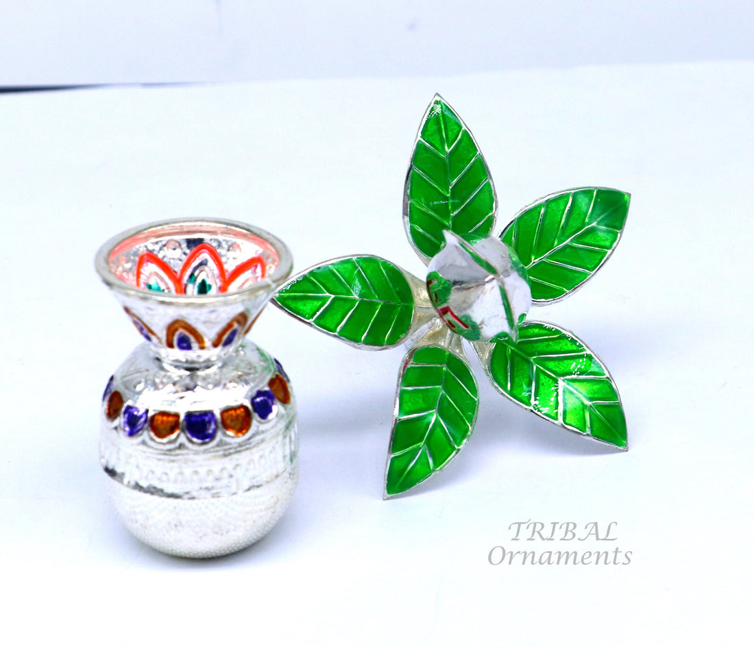 Gorgeous Sterling silver handmade vintage design puja kalash with silver coconuts and leaf, excellent home temple article worshipping su820 - TRIBAL ORNAMENTS