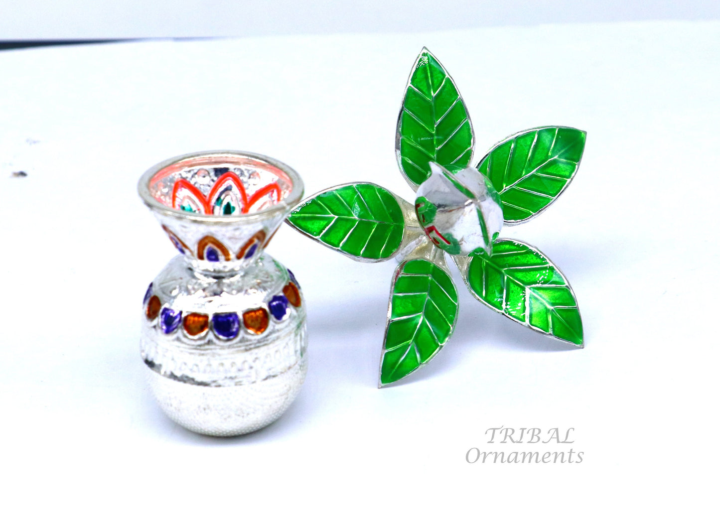 Gorgeous Sterling silver handmade vintage design puja kalash with silver coconuts and leaf, excellent home temple article worshipping su820 - TRIBAL ORNAMENTS