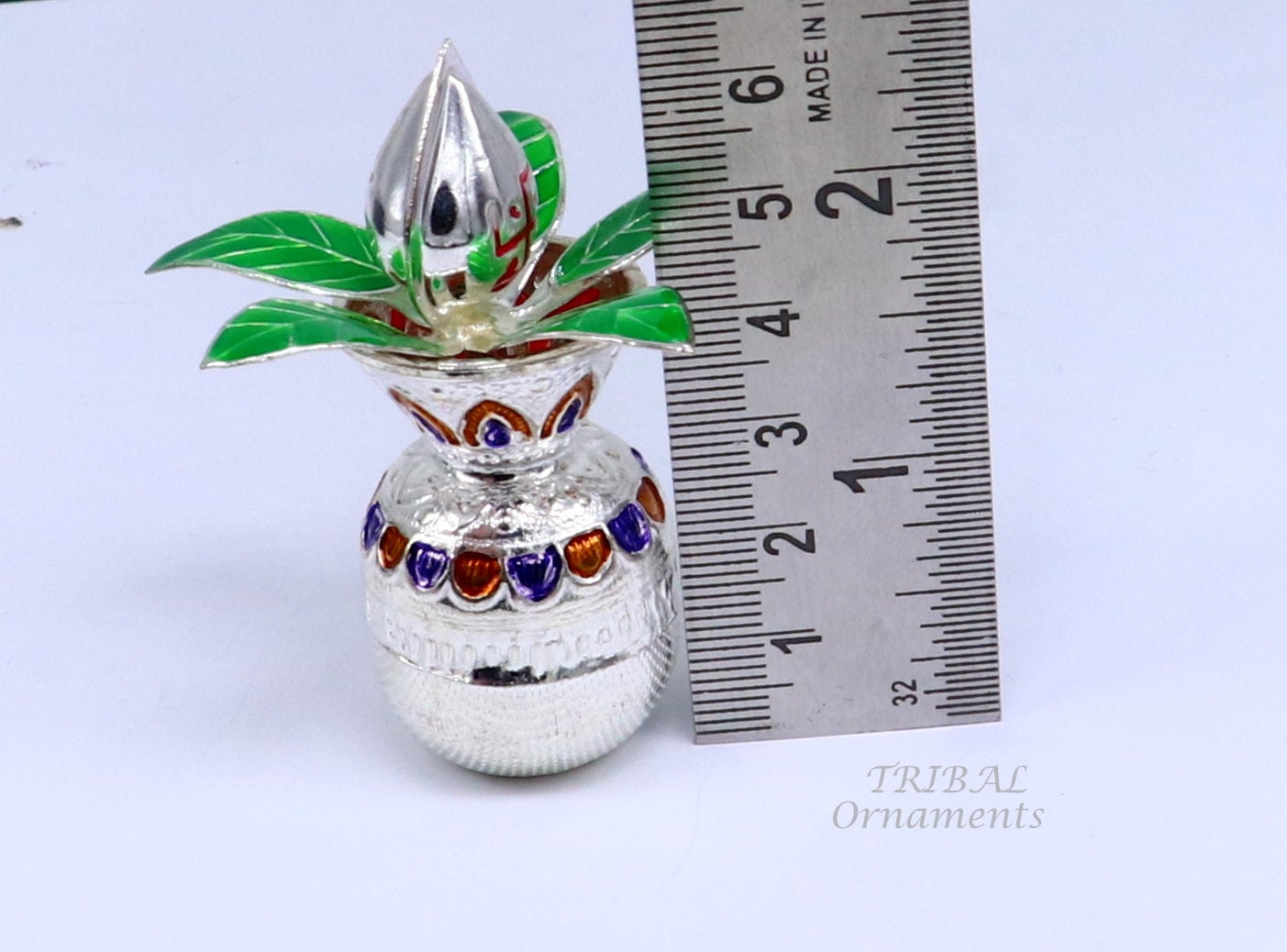 Gorgeous Sterling silver handmade vintage design puja kalash with silver coconuts and leaf, excellent home temple article worshipping su820 - TRIBAL ORNAMENTS