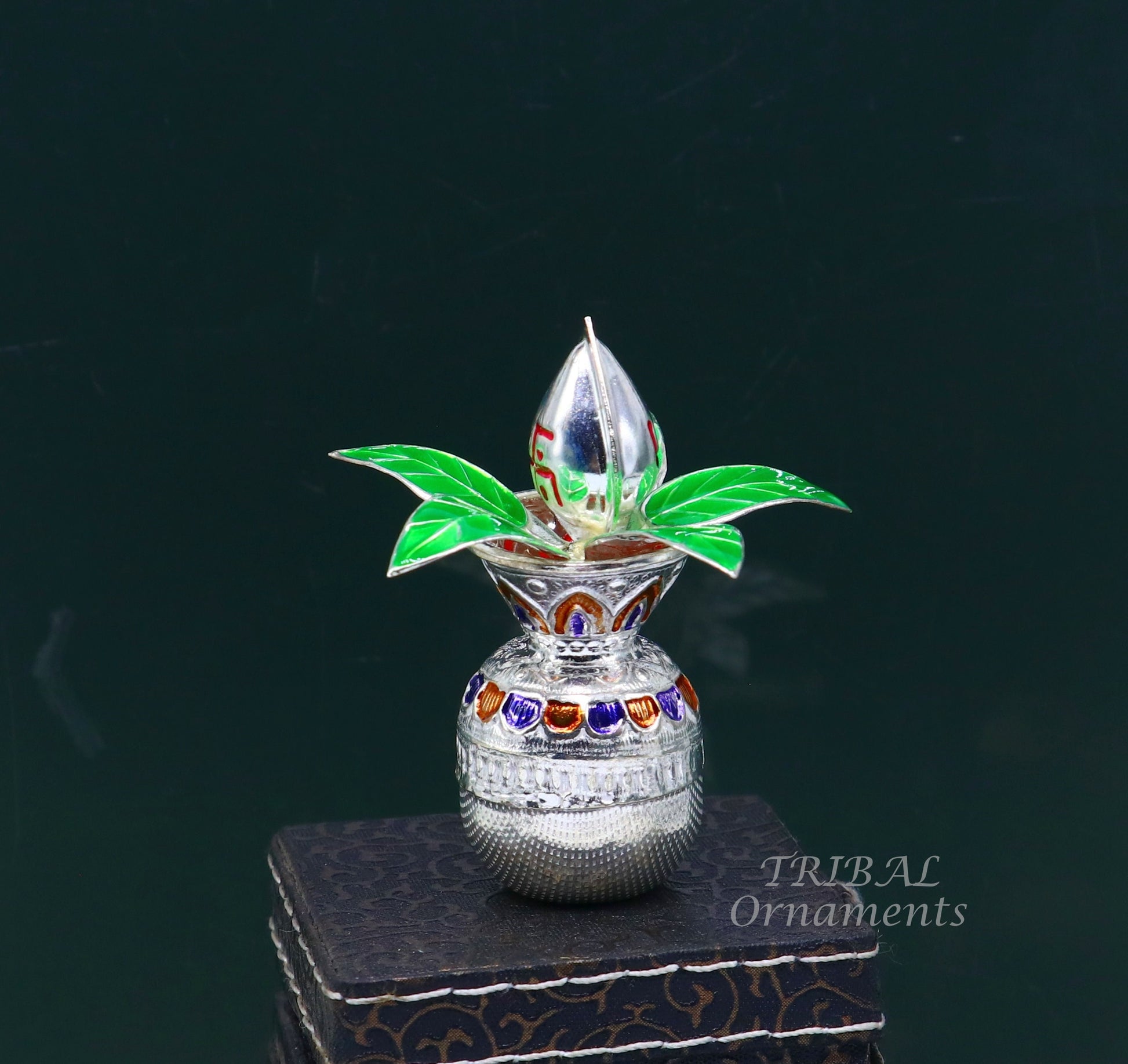 Gorgeous Sterling silver handmade vintage design puja kalash with silver coconuts and leaf, excellent home temple article worshipping su820 - TRIBAL ORNAMENTS