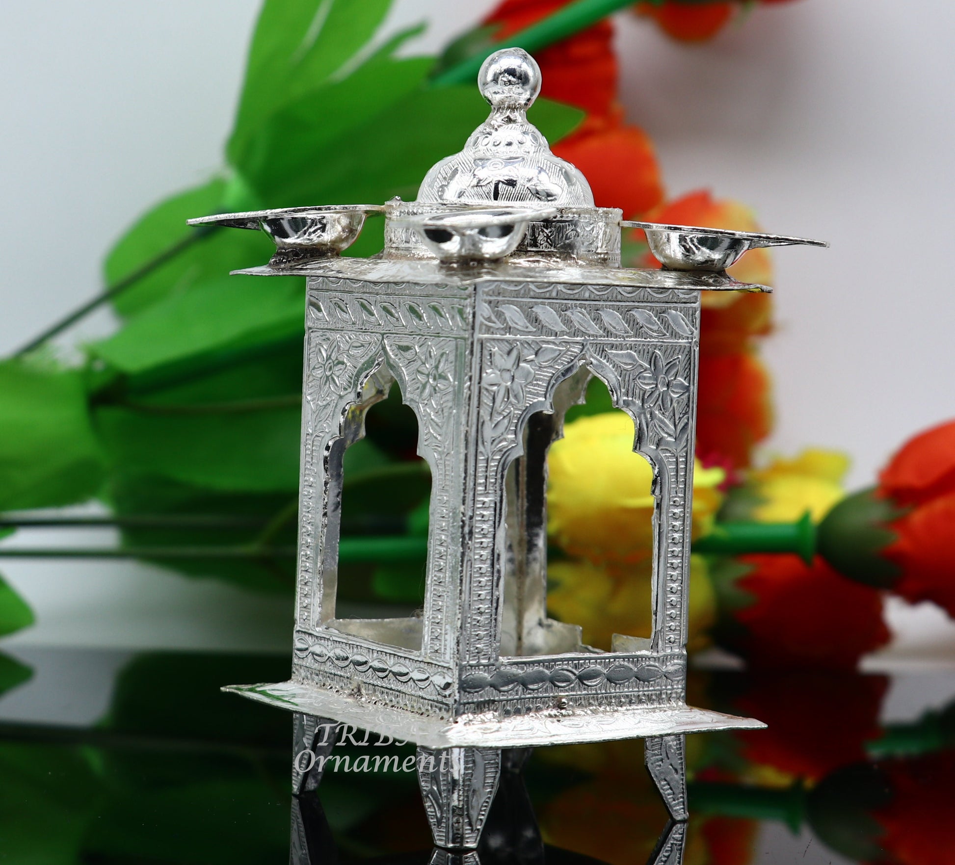 925 sterling silver handmade vintage design chattri temple lamp best puja article with 4 lamp on it, best home temple decor utensils su809 - TRIBAL ORNAMENTS