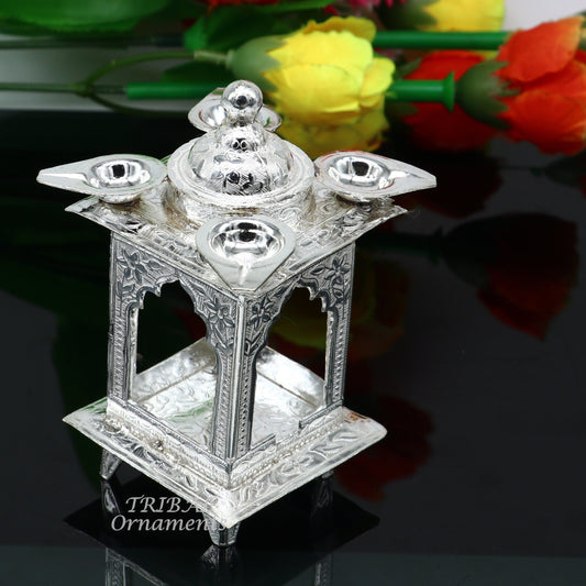 925 sterling silver handmade vintage design chattri temple lamp best puja article with 4 lamp on it, best home temple decor utensils su809 - TRIBAL ORNAMENTS