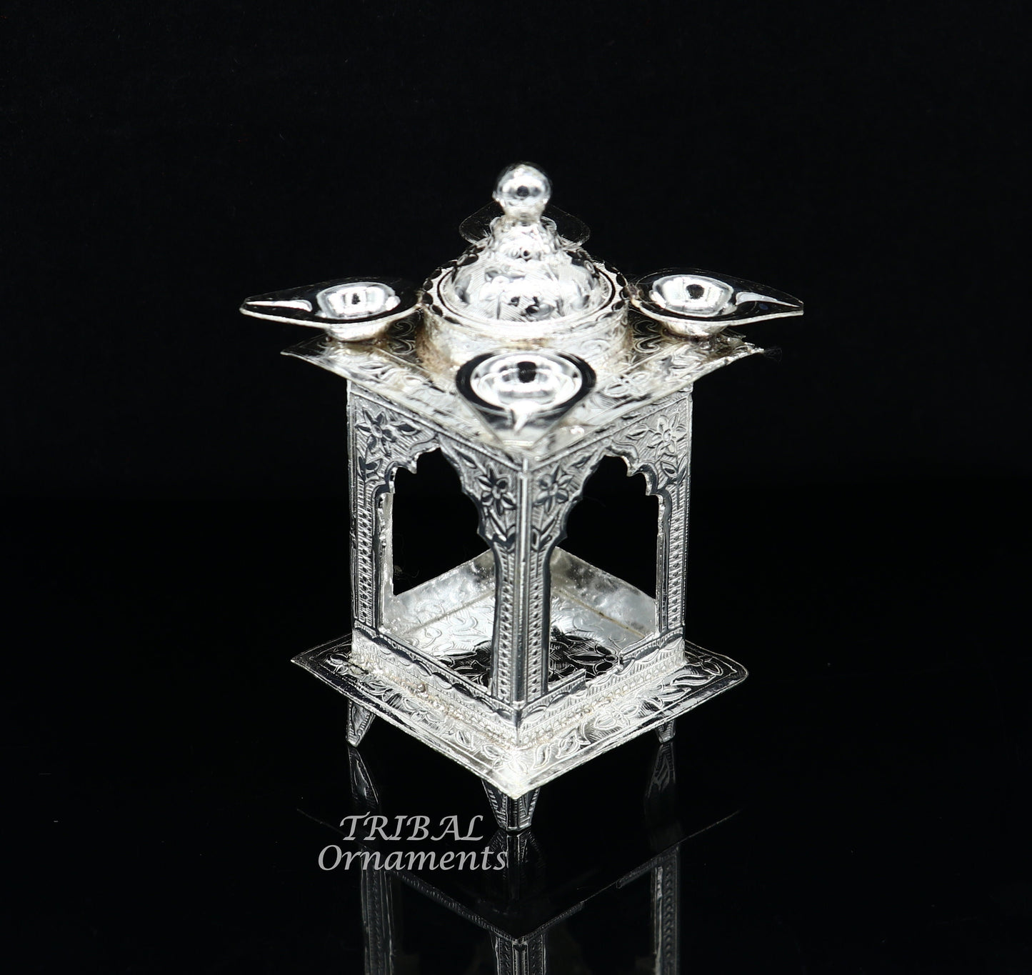 925 sterling silver handmade vintage design chattri temple lamp best puja article with 4 lamp on it, best home temple decor utensils su809 - TRIBAL ORNAMENTS
