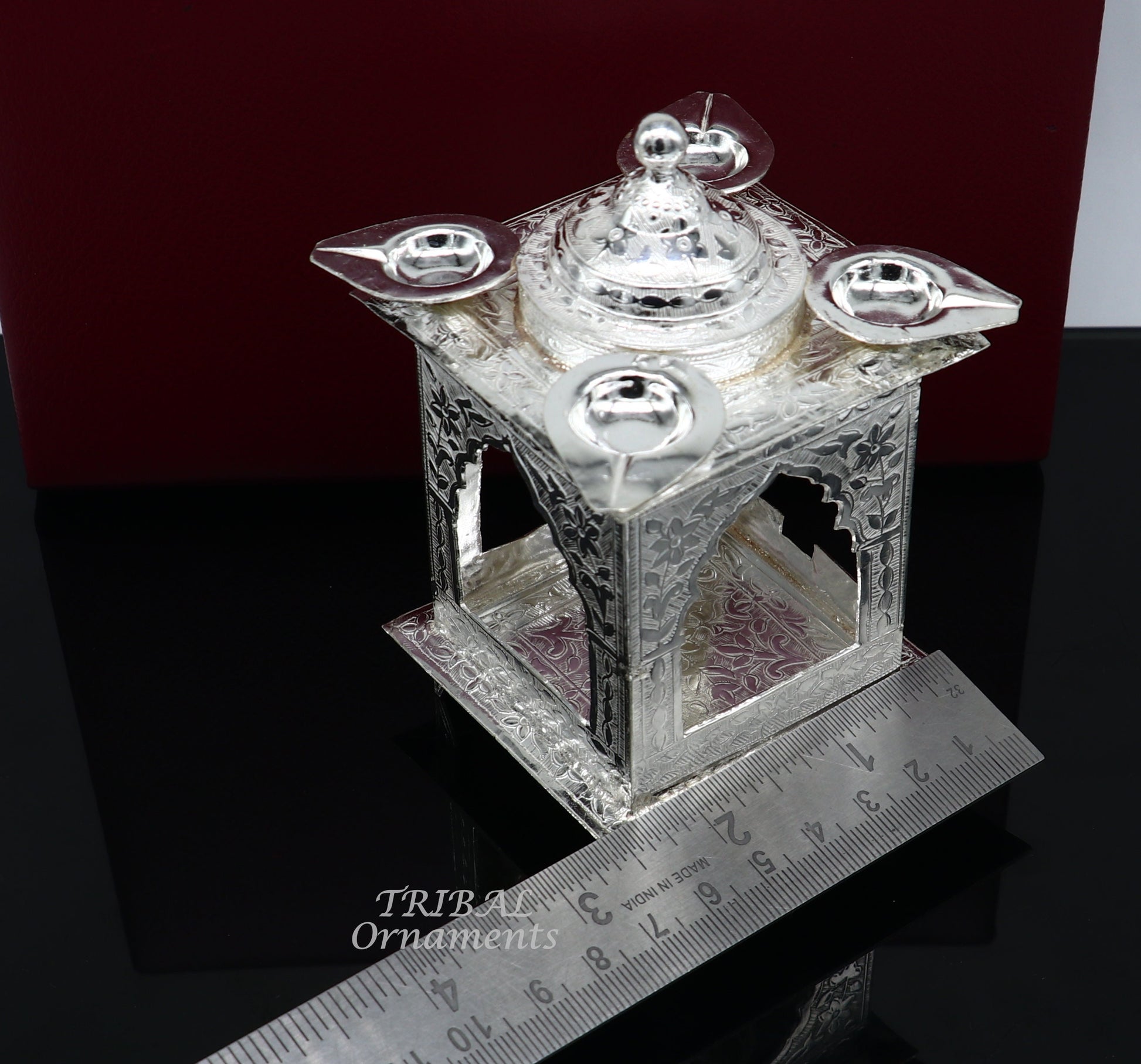 925 sterling silver handmade vintage design chattri temple lamp best puja article with 4 lamp on it, best home temple decor utensils su810 - TRIBAL ORNAMENTS