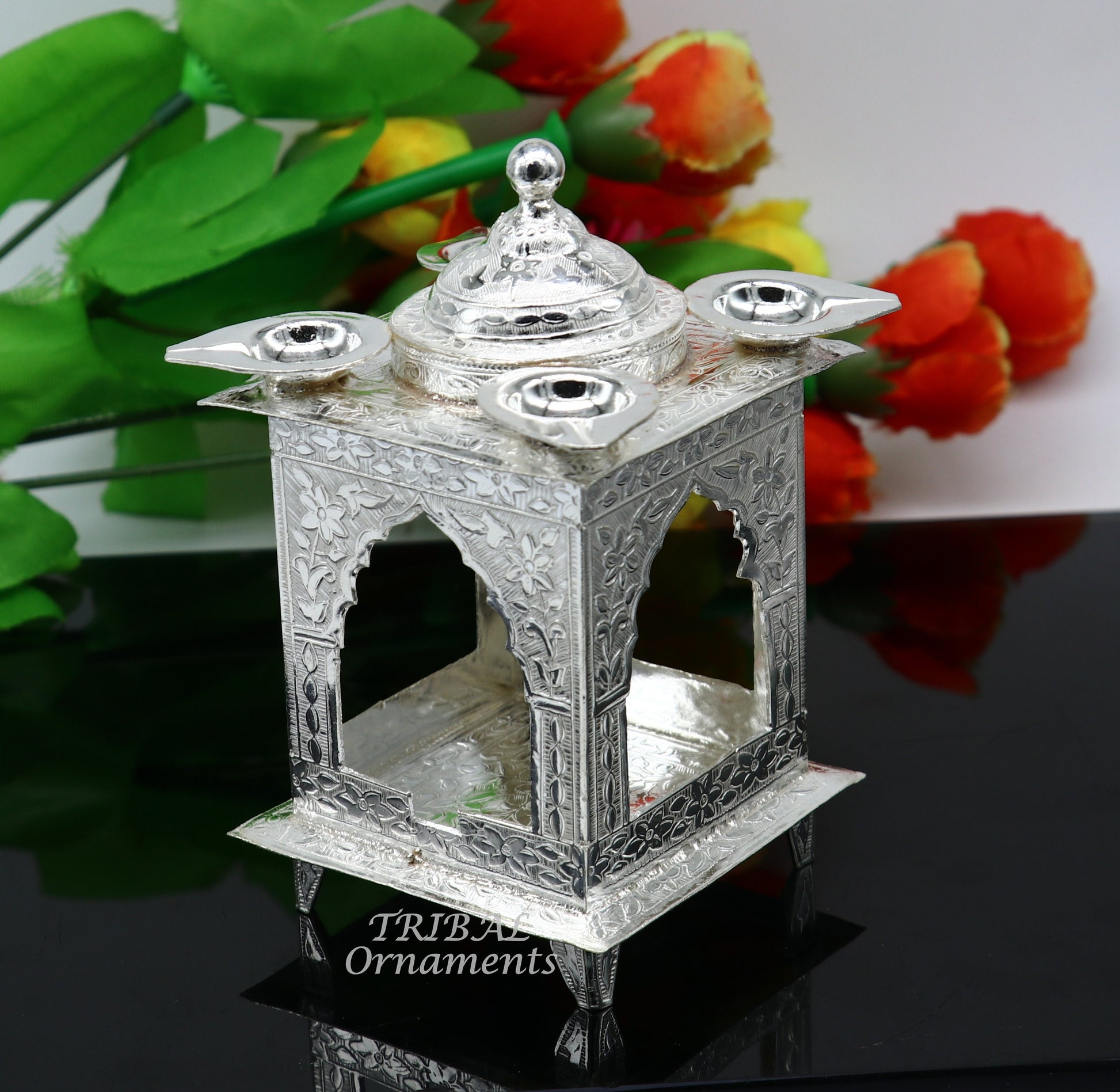 925 sterling silver handmade vintage design chattri temple lamp best puja article with 4 lamp on it, best home temple decor utensils su810 - TRIBAL ORNAMENTS