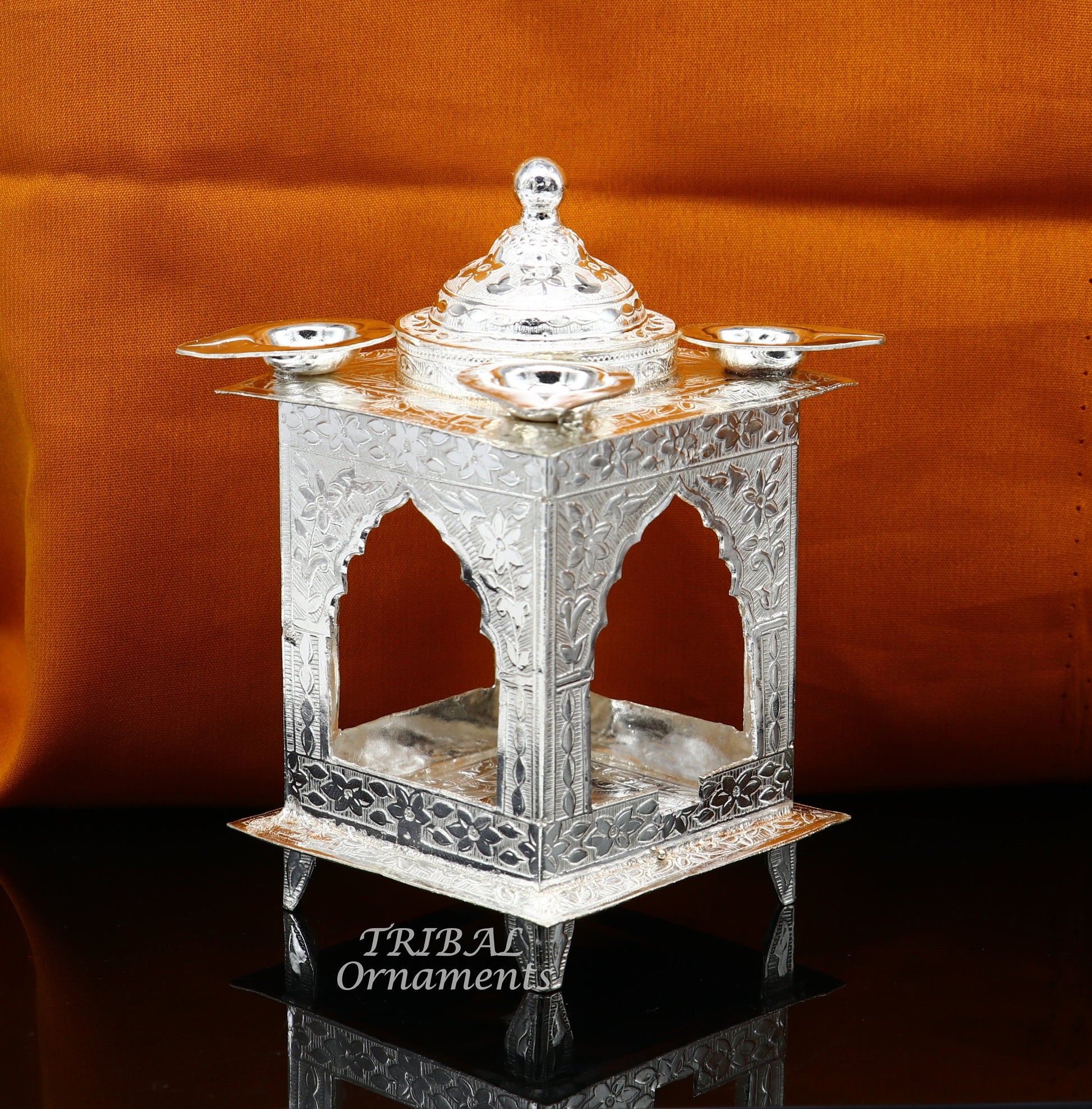 925 sterling silver handmade vintage design chattri temple lamp best puja article with 4 lamp on it, best home temple decor utensils su810 - TRIBAL ORNAMENTS