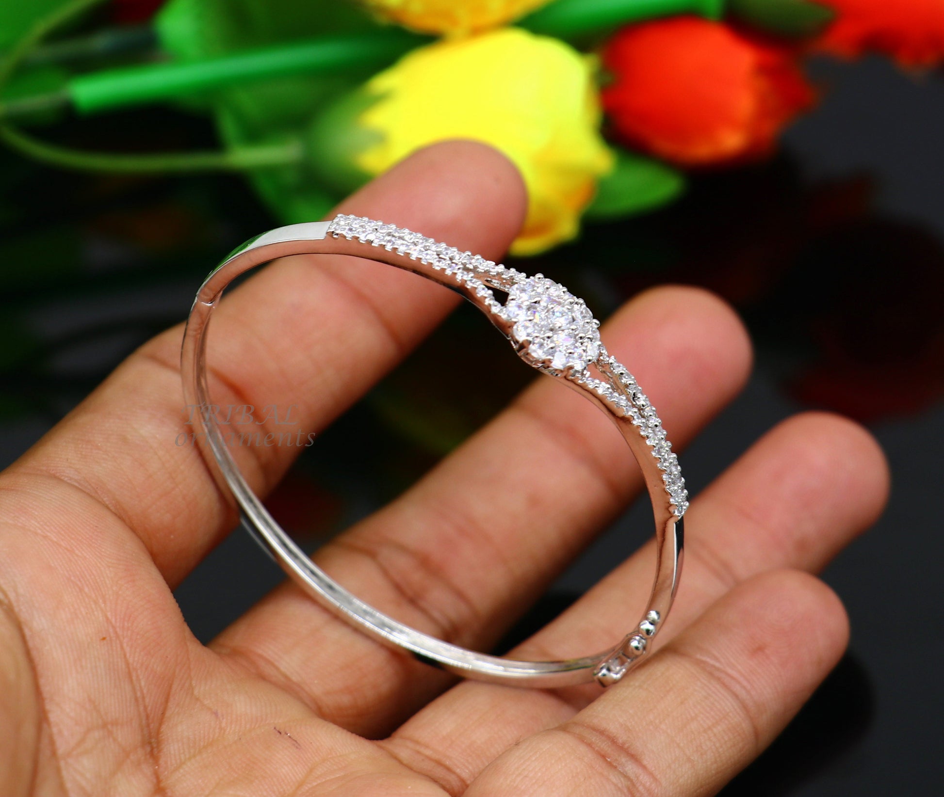 925 sterling silver handmade amazing cubic zircon  stylish cuff bangle bracelet kada customized girl's brides  jewelry cuff88 - TRIBAL ORNAMENTS