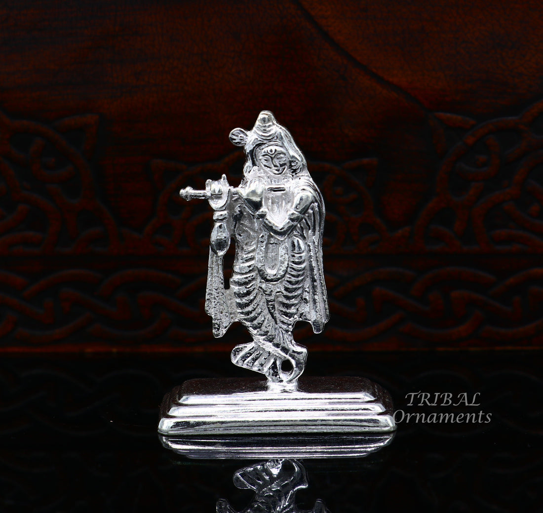 Sterling silver handmade antique design Idols Lord Krishna with flute standing Statue figurine, puja articles decorative gift art555 - TRIBAL ORNAMENTS