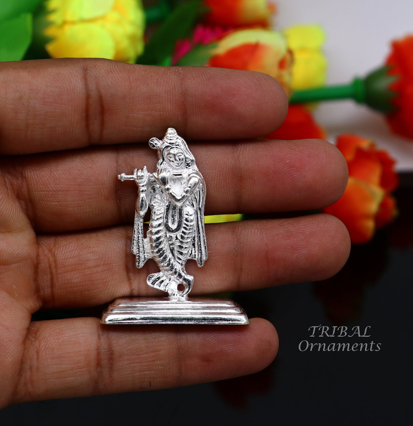 Sterling silver handmade antique design Idols Lord Krishna with flute standing Statue figurine, puja articles decorative gift art555 - TRIBAL ORNAMENTS