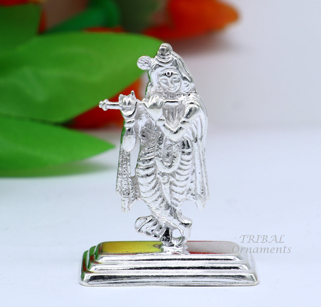 Sterling silver handmade antique design Idols Lord Krishna with flute standing Statue figurine, puja articles decorative gift art555 - TRIBAL ORNAMENTS