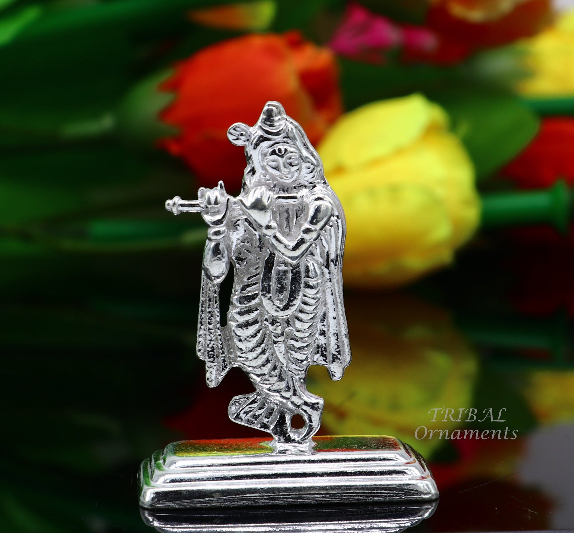 Sterling silver handmade antique design Idols Lord Krishna with flute standing Statue figurine, puja articles decorative gift art555 - TRIBAL ORNAMENTS