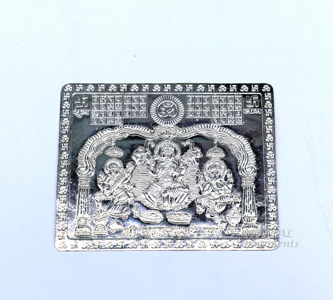 925 sterling silver handmade Shree Mahalakshmi frame with Ganesha and Sarashwati  silver holy divine article for wealth and prosperit su828 - TRIBAL ORNAMENTS