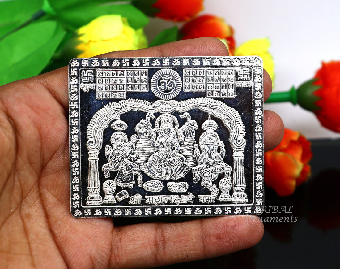 925 sterling silver handmade Shree Mahalakshmi frame with Ganesha and Sarashwati  silver holy divine article for wealth and prosperit su828 - TRIBAL ORNAMENTS